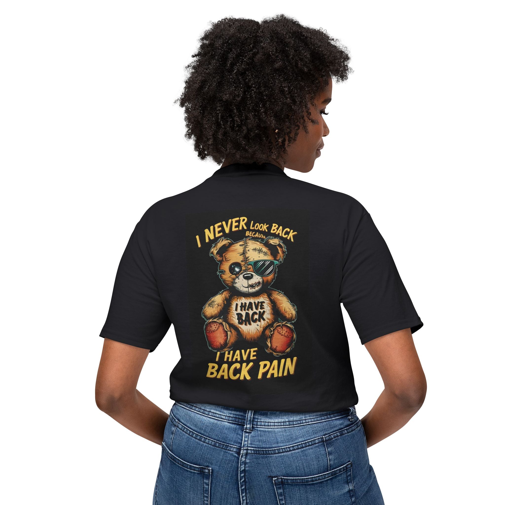 T-Shirt — Vintage Injured Teddy Bear "I Never Look Back, I Have Back Pain" Graphic