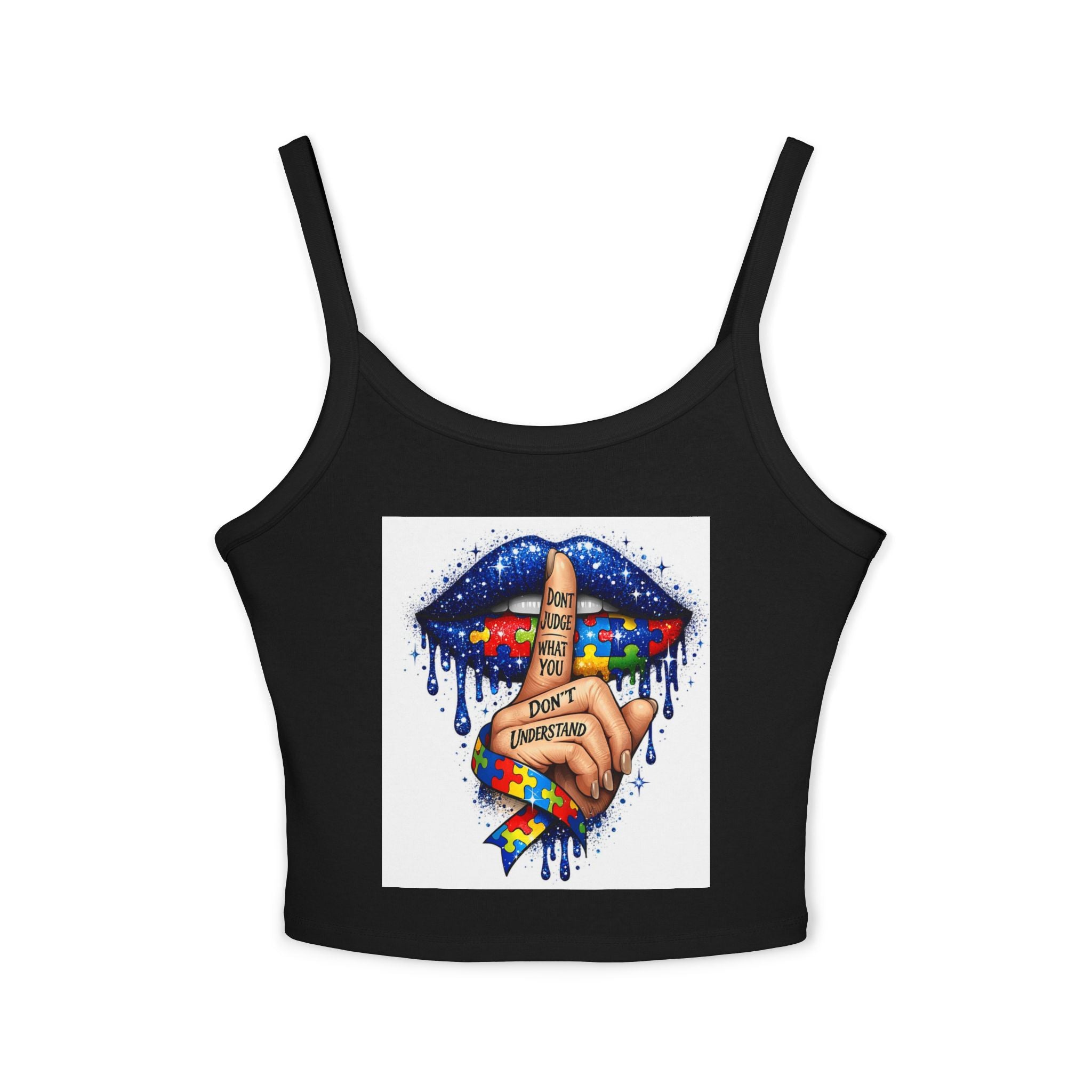 Crop Tank Top — Shushing Rainbow Lips with "I Don’t Understand" Finger Tattoo