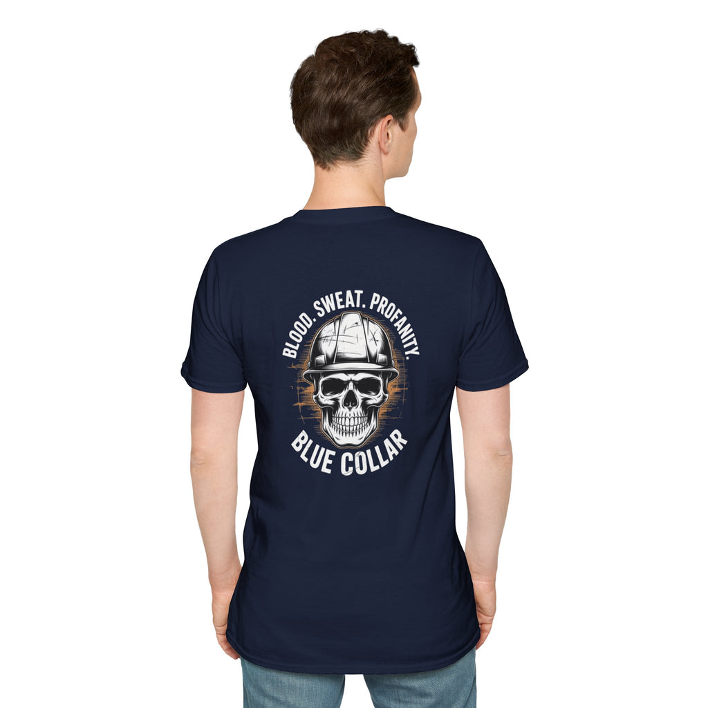 Blue Collar T-Shirt — "Blood, Sweat, Profanity" Skull Workwear Tee