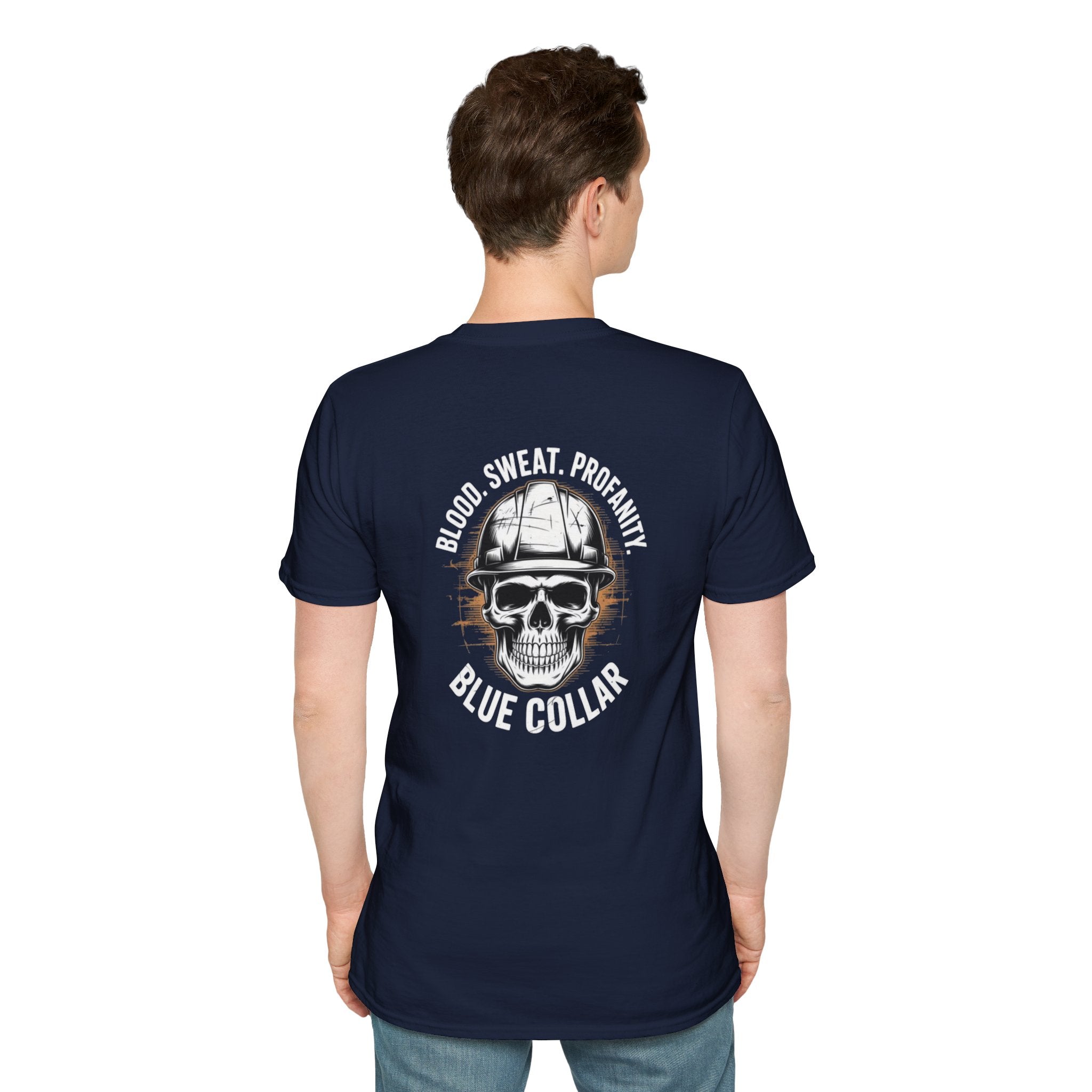 Blue Collar T-Shirt — "Blood, Sweat, Profanity" Skull Workwear Tee