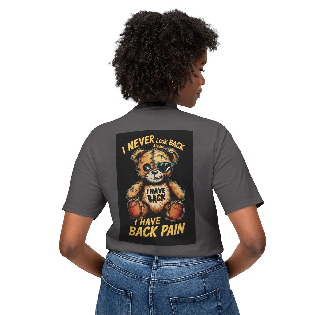 T-Shirt — Vintage Injured Teddy Bear "I Never Look Back, I Have Back Pain" Graphic