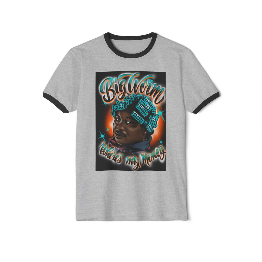 Retro Hip-Hop Portrait T-Shirt — "Big Worm Takes My Money" Graphic Ringer Tee