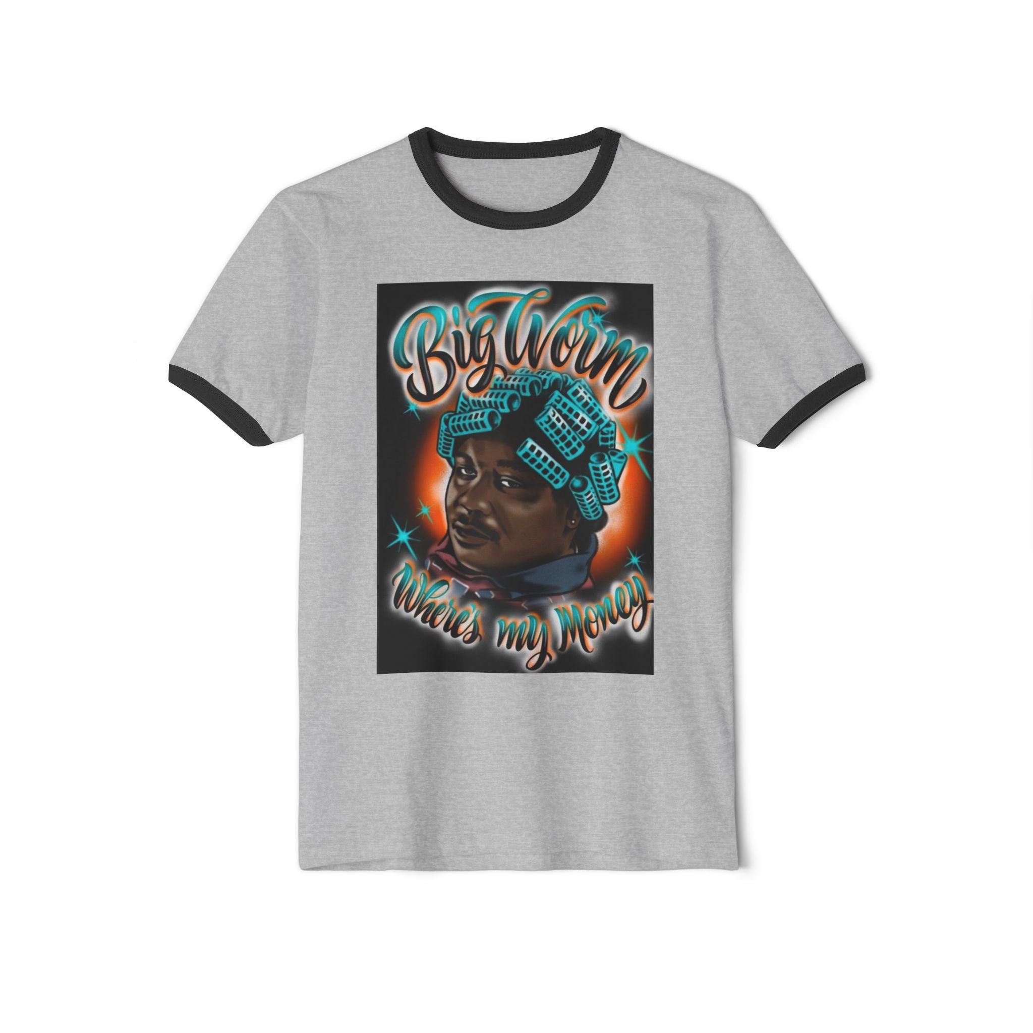 Retro Hip-Hop Portrait T-Shirt — "Big Worm Takes My Money" Graphic Ringer Tee
