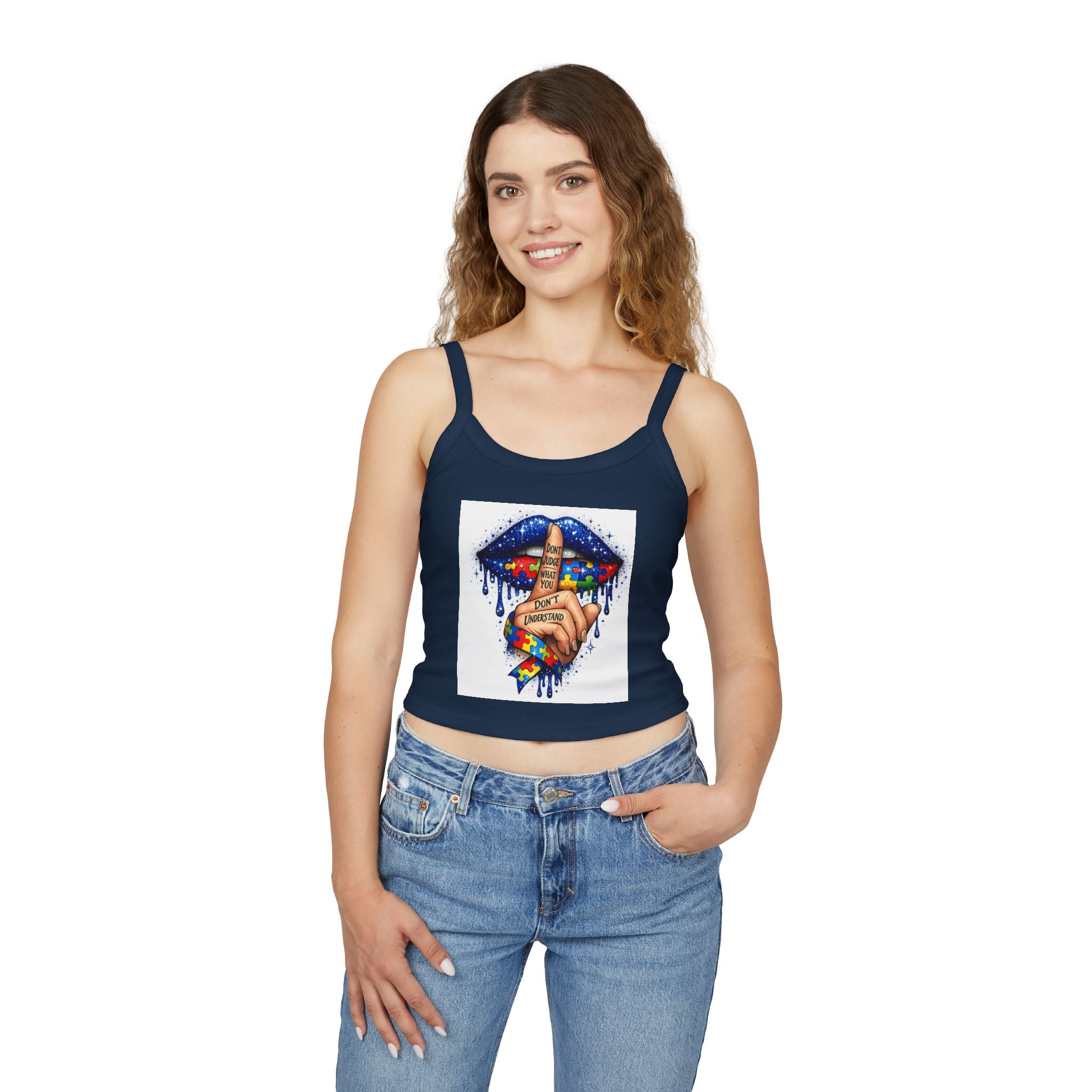 Crop Tank Top — Shushing Rainbow Lips with "I Don’t Understand" Finger Tattoo