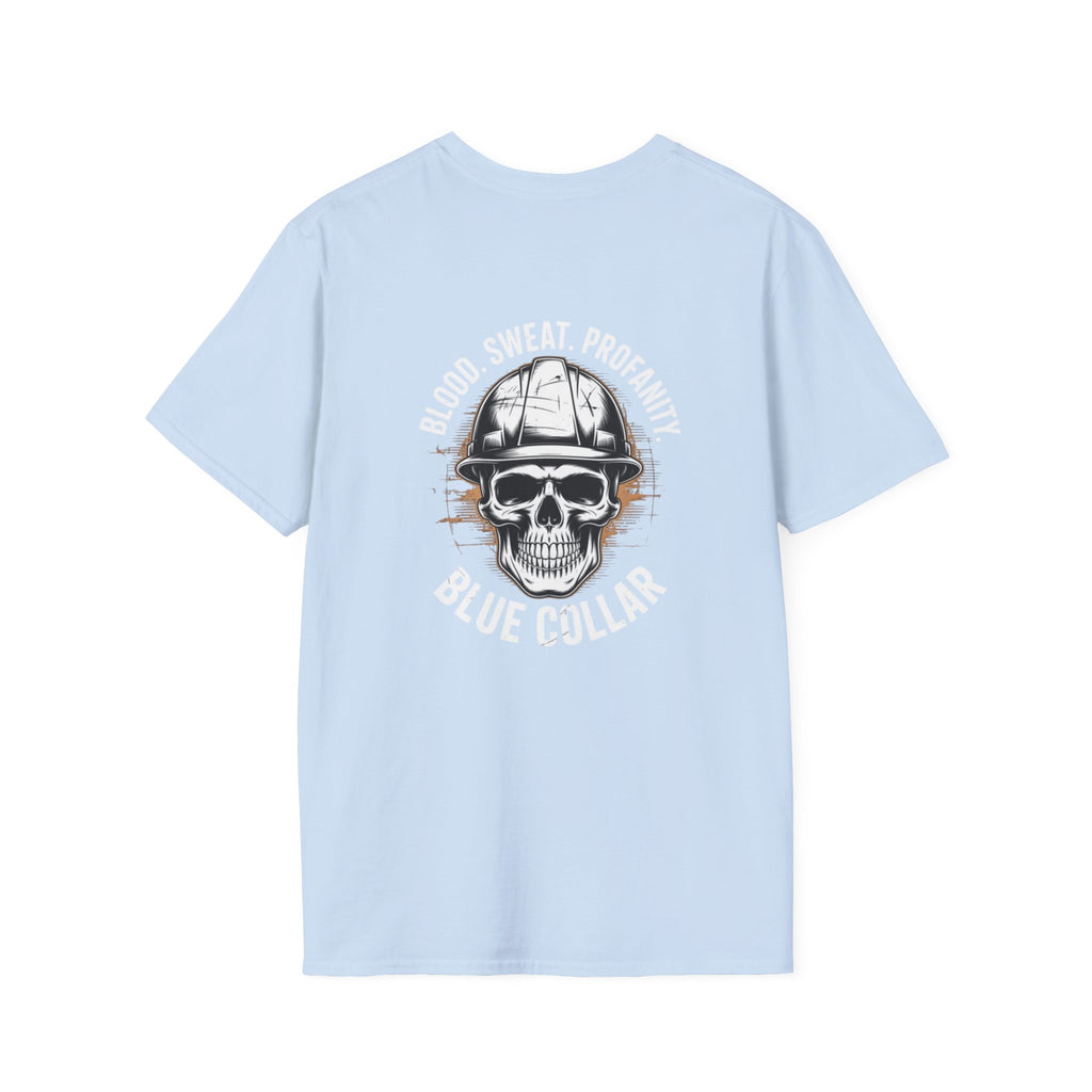 Blue Collar T-Shirt — "Blood, Sweat, Profanity" Skull Workwear Tee