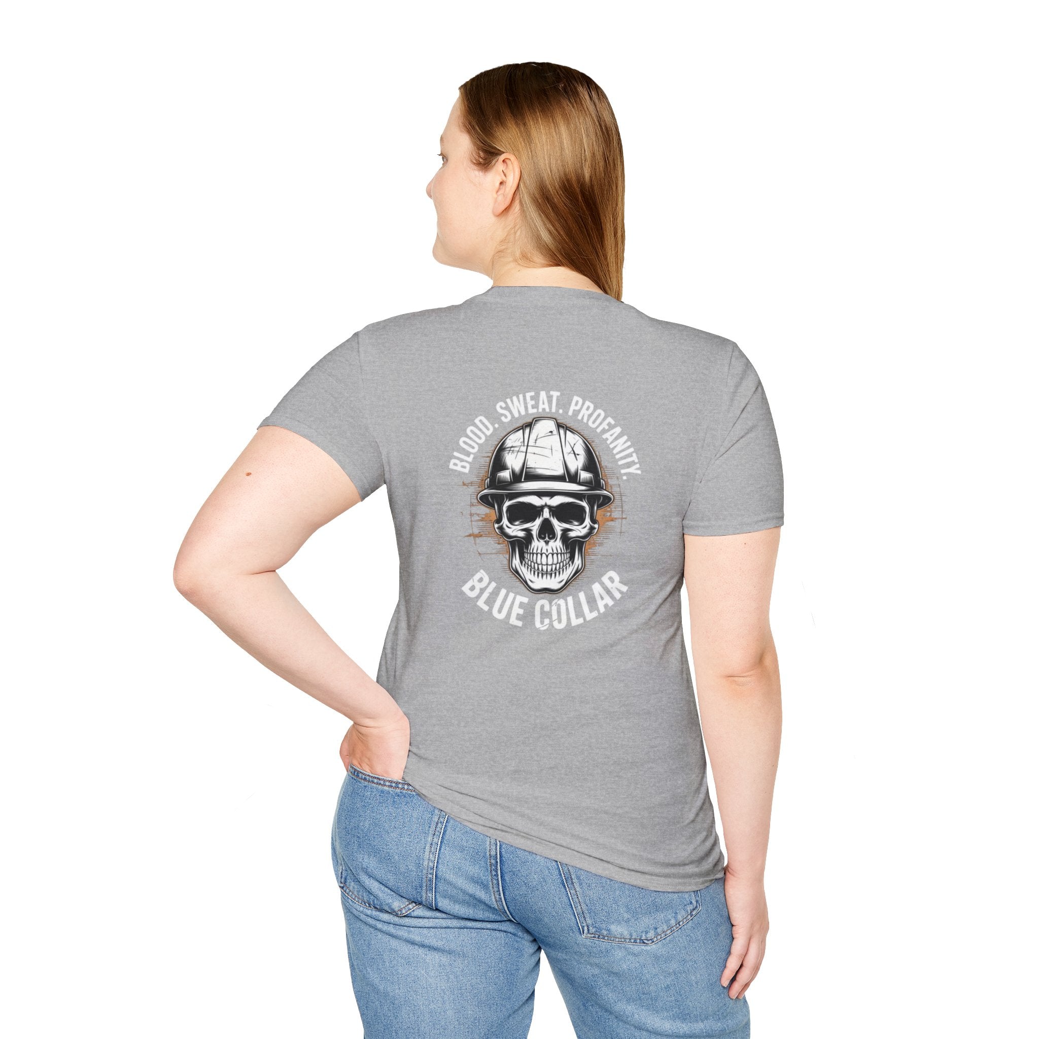 Blue Collar T-Shirt — "Blood, Sweat, Profanity" Skull Workwear Tee