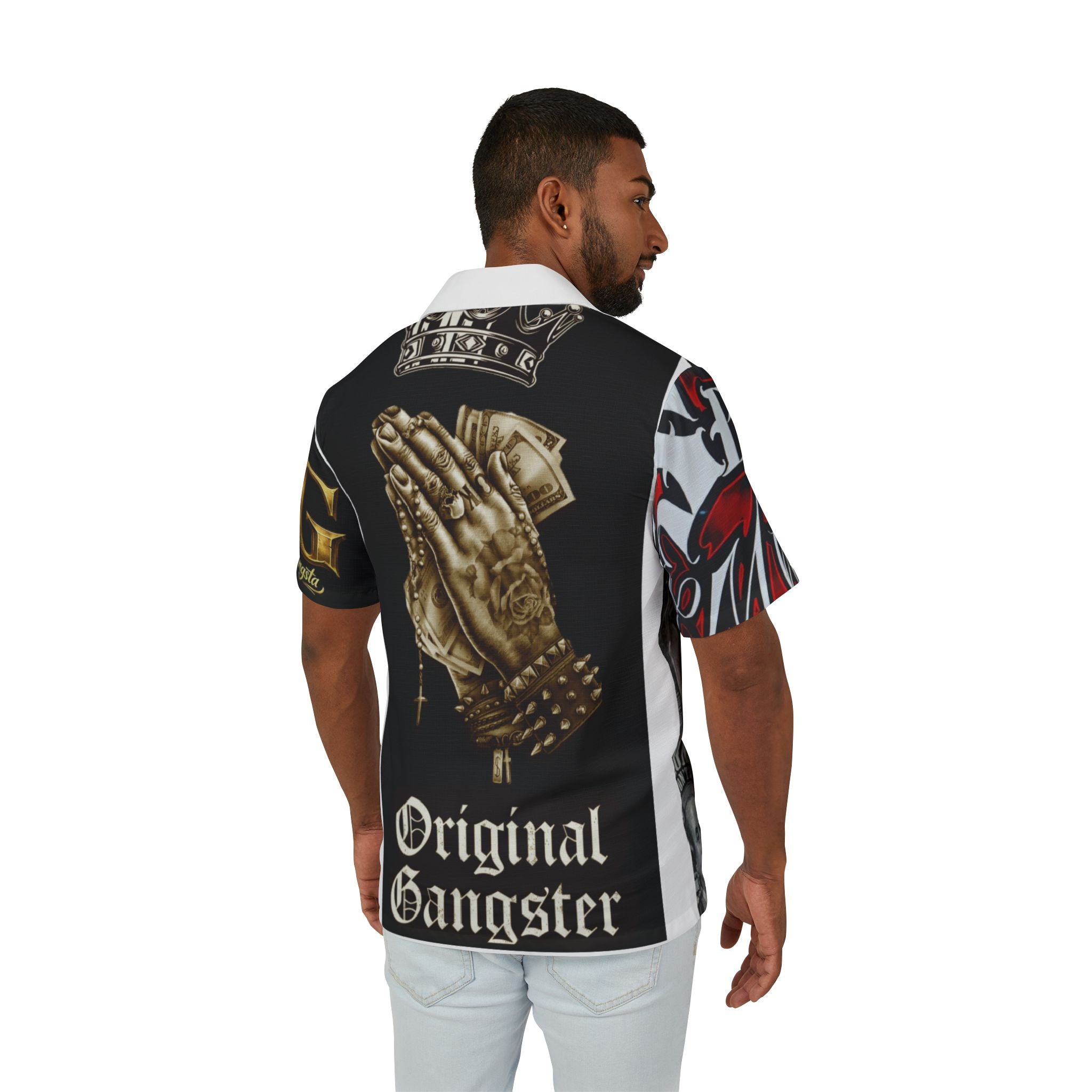 Original Gangster Hawaiian Shirt — Praying Hands, Skulls & Money Print