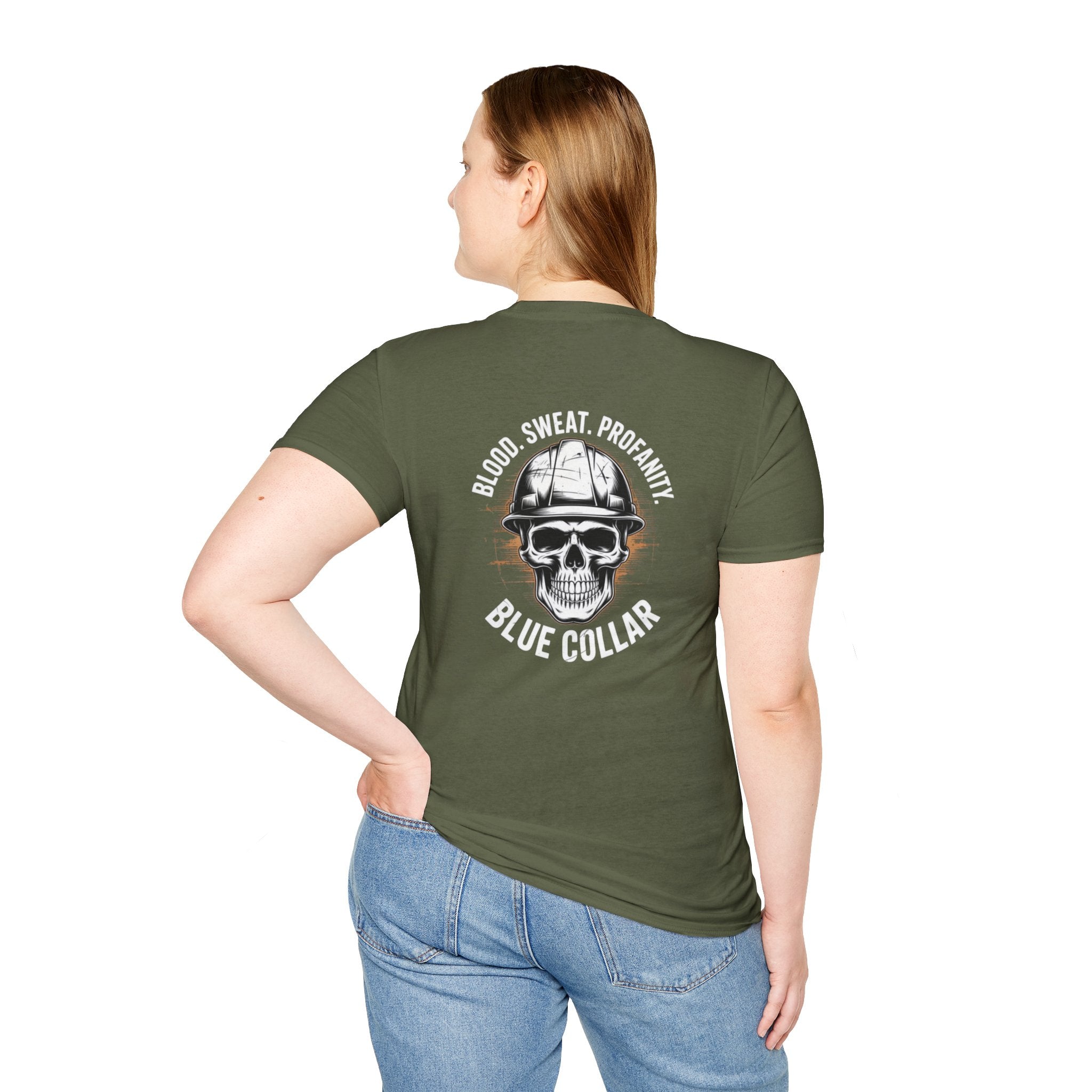Blue Collar T-Shirt — "Blood, Sweat, Profanity" Skull Workwear Tee