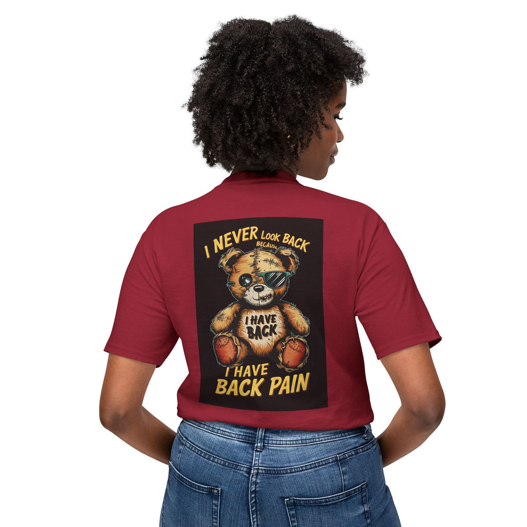 T-Shirt — Vintage Injured Teddy Bear "I Never Look Back, I Have Back Pain" Graphic