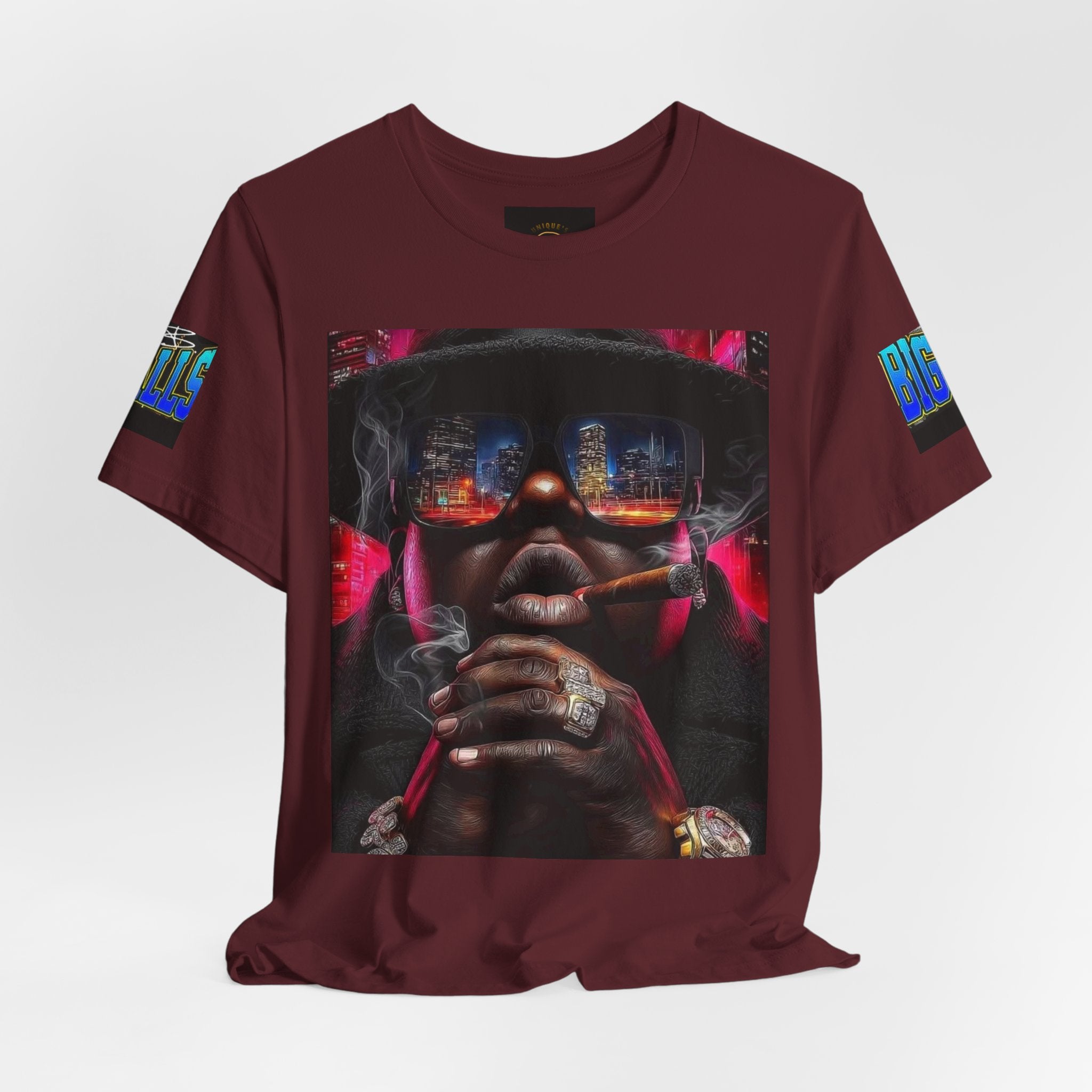 Urban Nightlife Portrait Tee — Smoky City Reflection Graphic T-Shirt