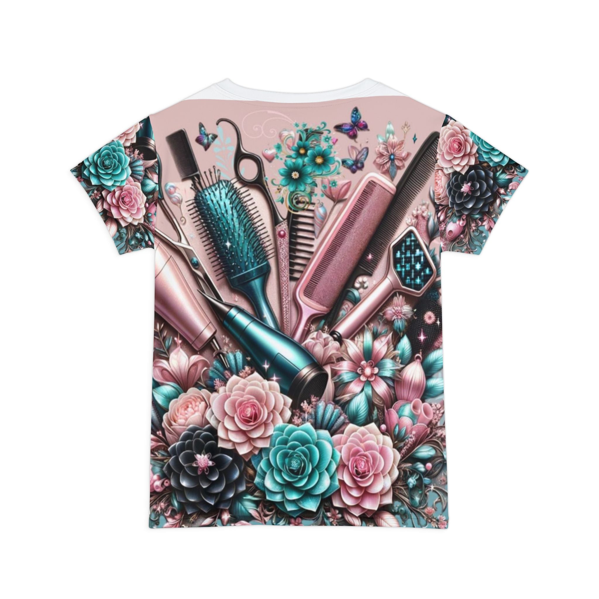 Floral Salon Tools Women’s Short Sleeve Shirt — Hairdresser Scissors, Brush & Comb All-Over Print