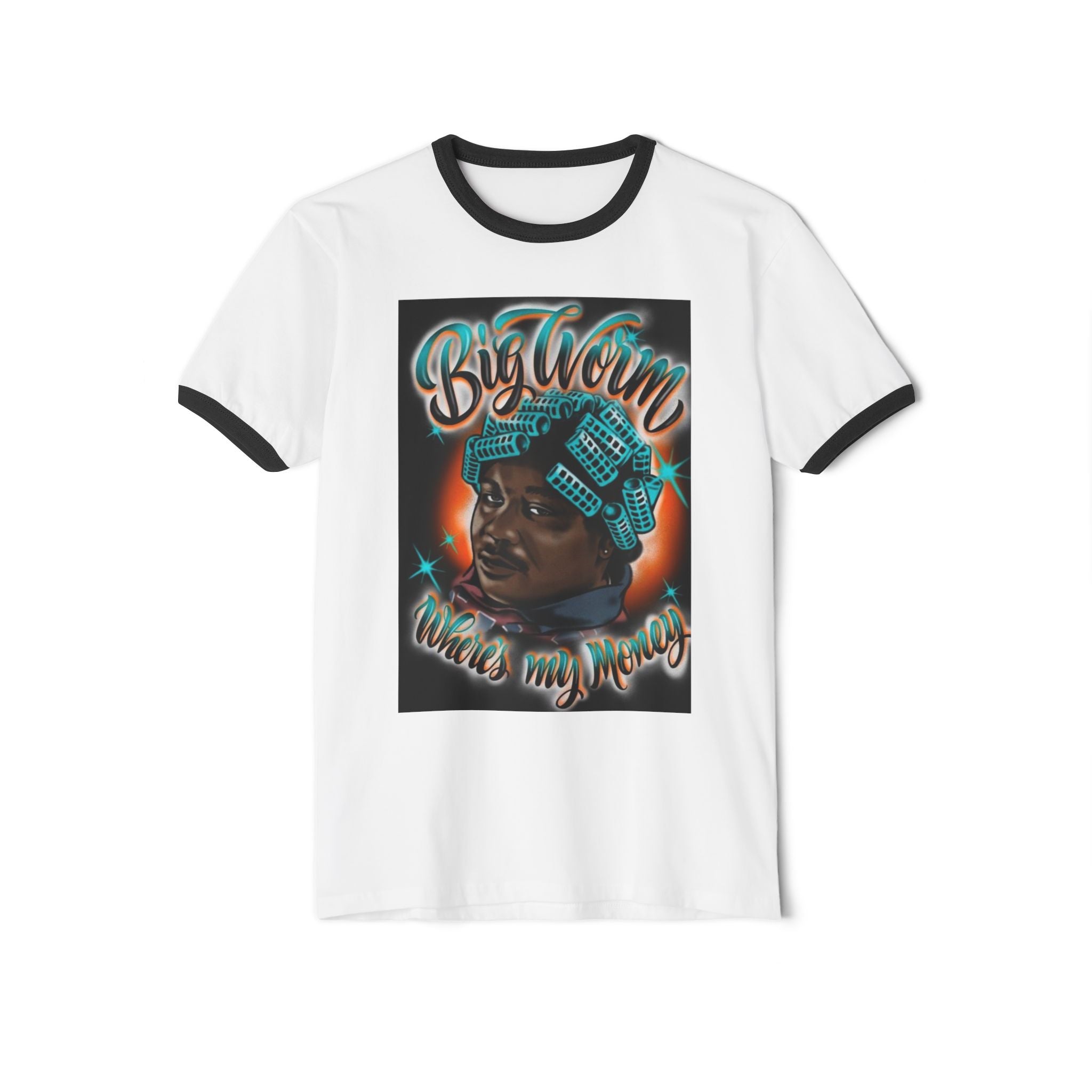 Retro Hip-Hop Portrait T-Shirt — "Big Worm Takes My Money" Graphic Ringer Tee
