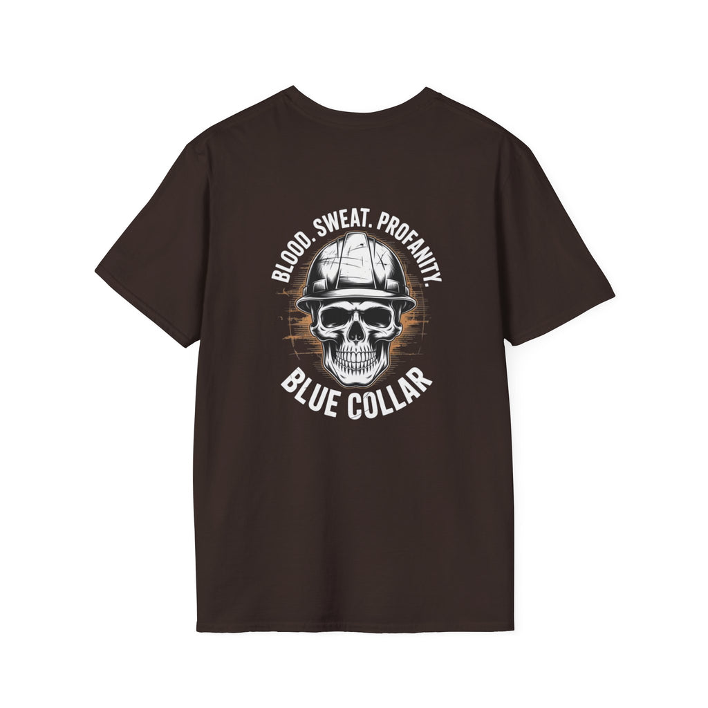 Blue Collar T-Shirt — "Blood, Sweat, Profanity" Skull Workwear Tee