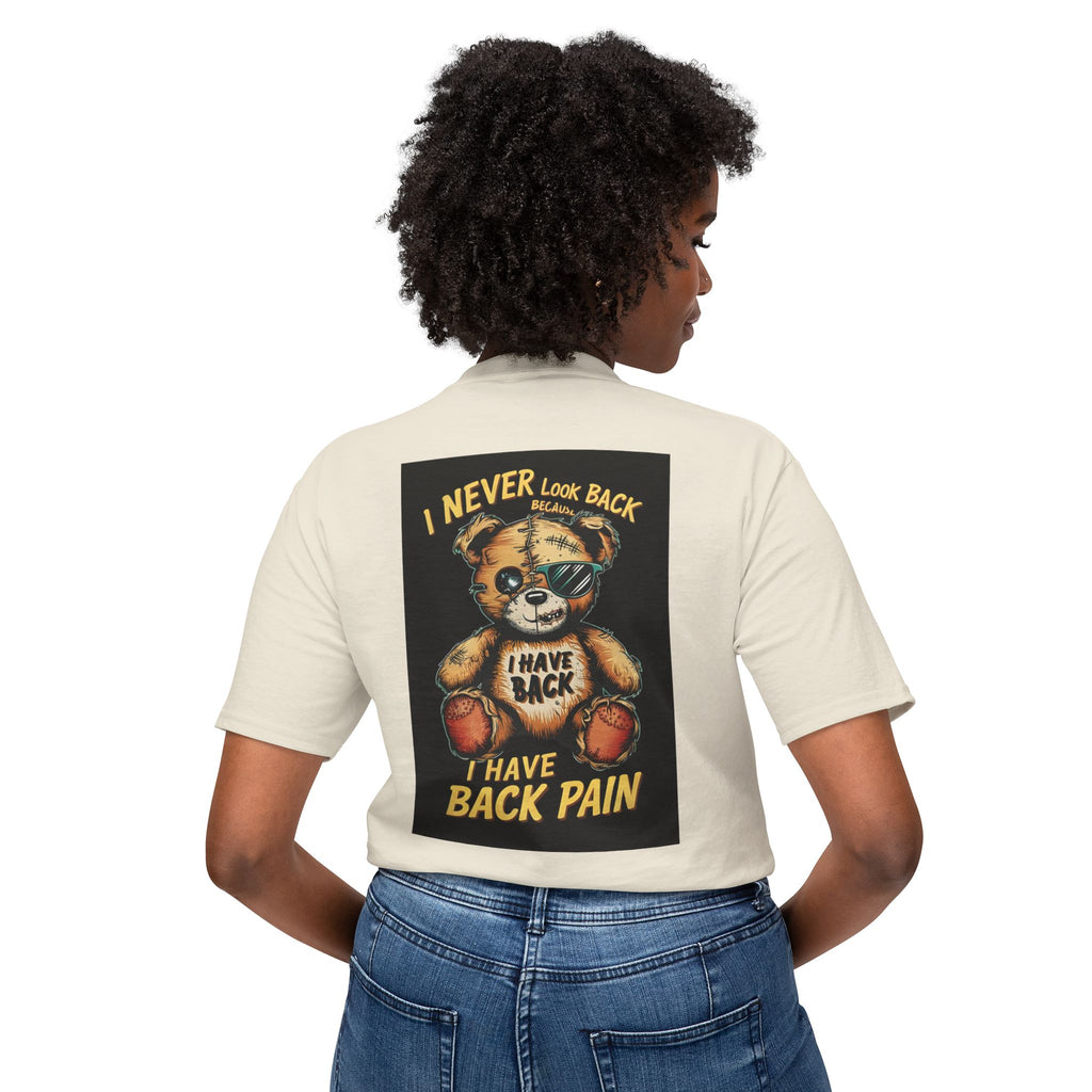 T-Shirt — Vintage Injured Teddy Bear "I Never Look Back, I Have Back Pain" Graphic