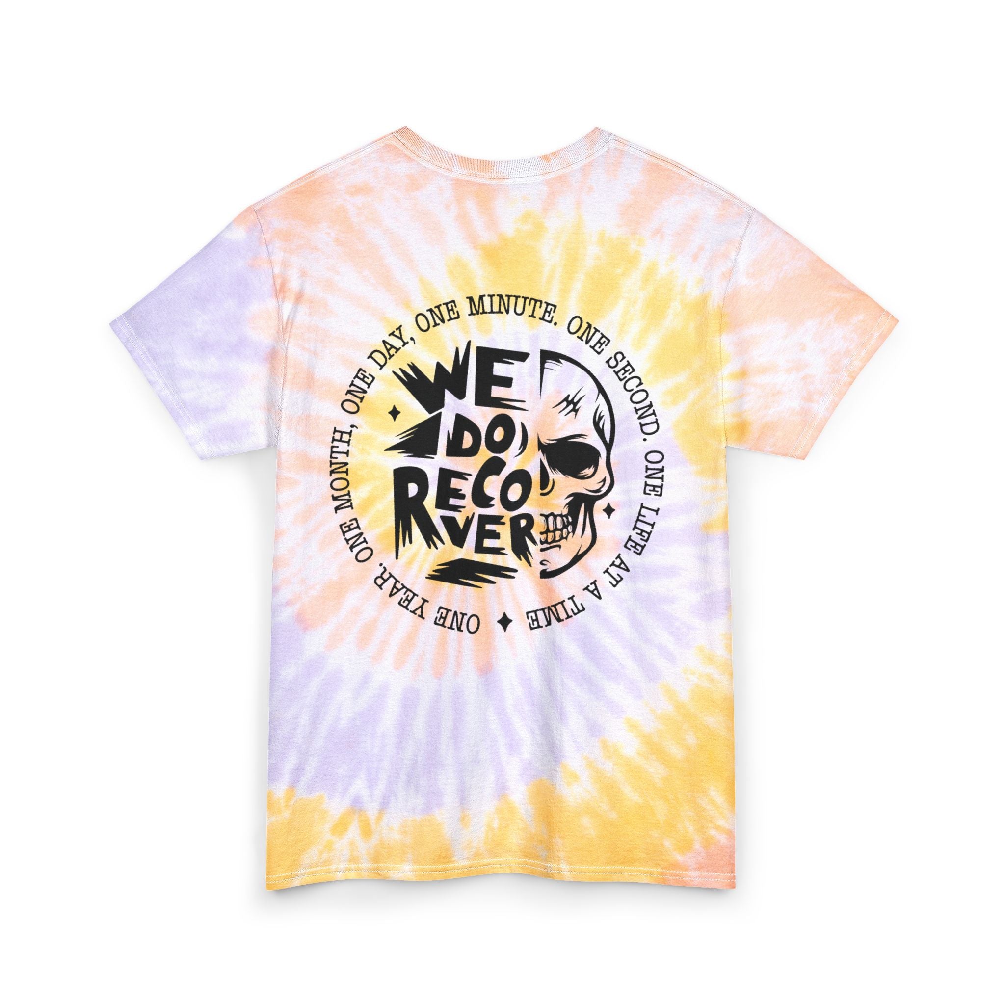 Tie Dye Tee — Blue Spiral Skull "We Do Recover" Back Graphic
