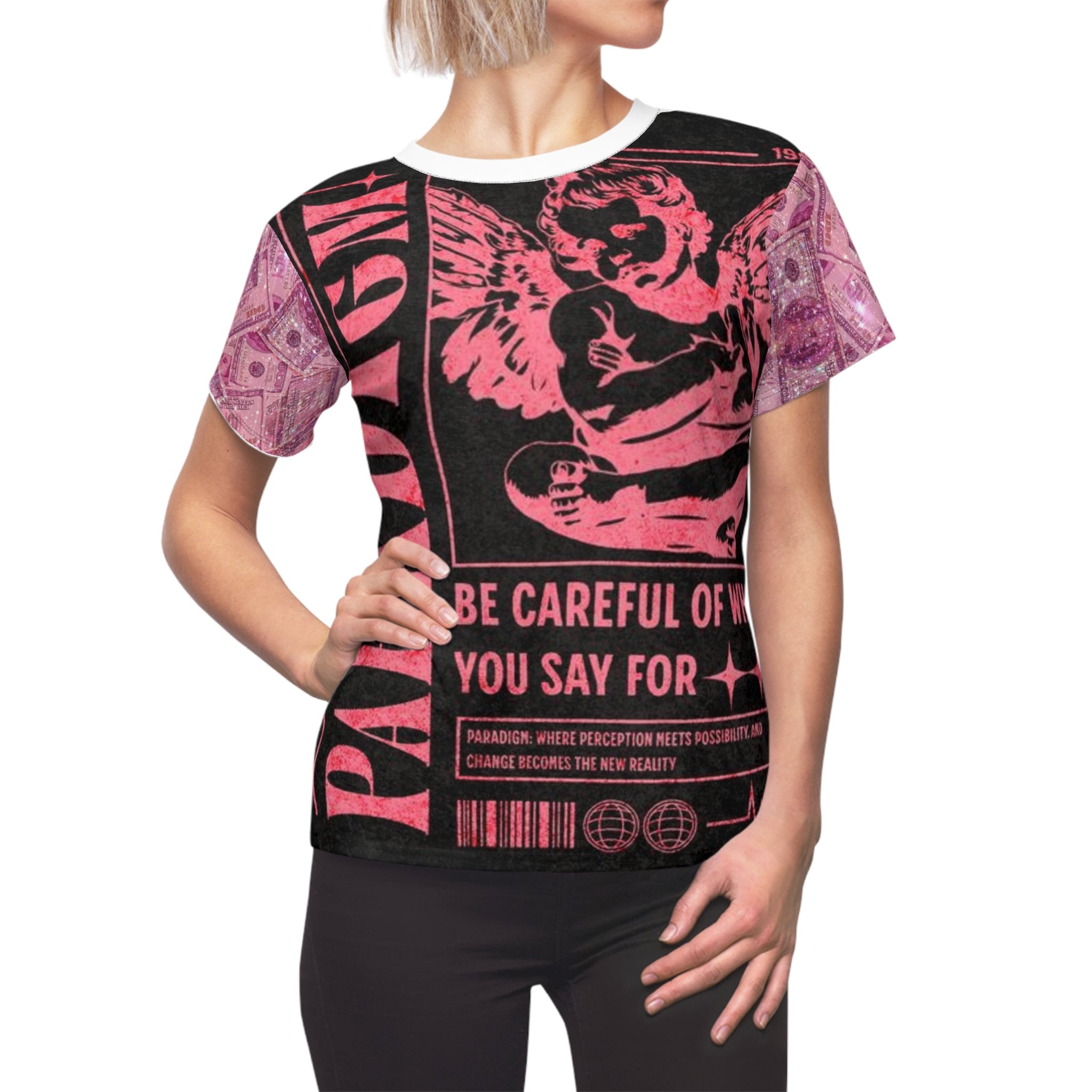 Women's Cut & Sew Tee — Pink Cherub 'Be Careful of What You Say For' Graphic