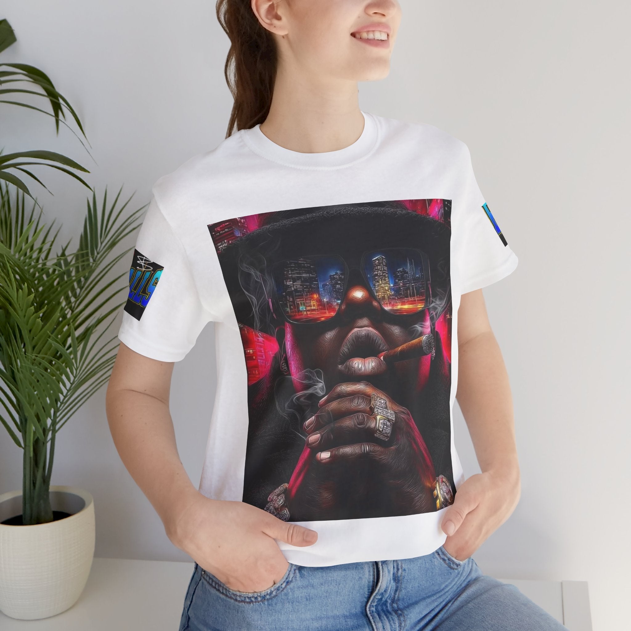 Urban Nightlife Portrait Tee — Smoky City Reflection Graphic T-Shirt