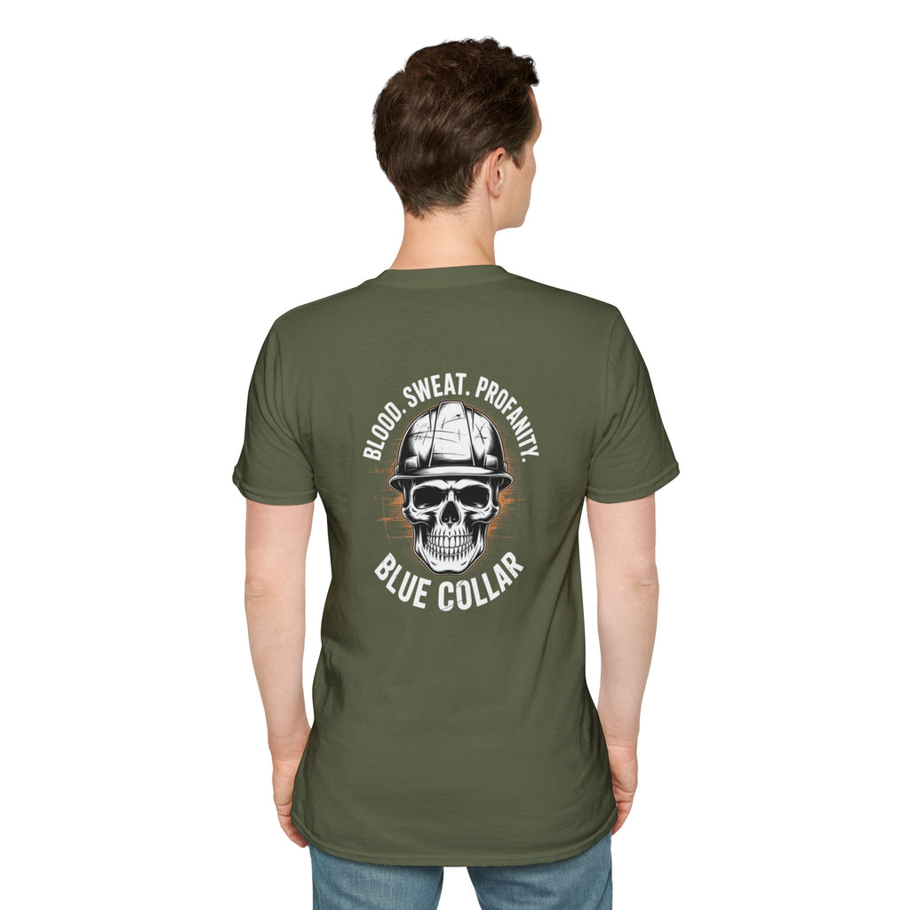 Blue Collar T-Shirt — "Blood, Sweat, Profanity" Skull Workwear Tee