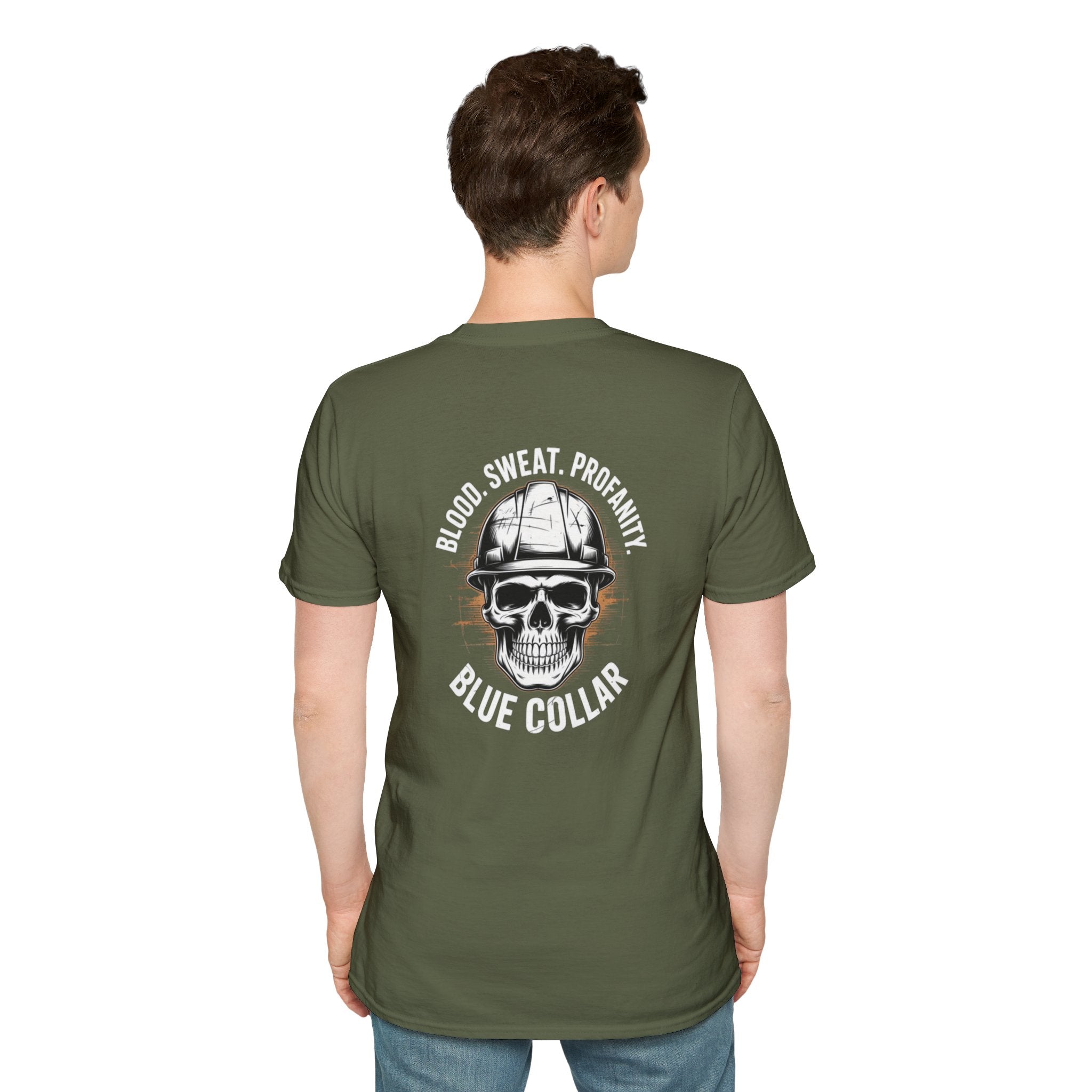 Blue Collar T-Shirt — "Blood, Sweat, Profanity" Skull Workwear Tee