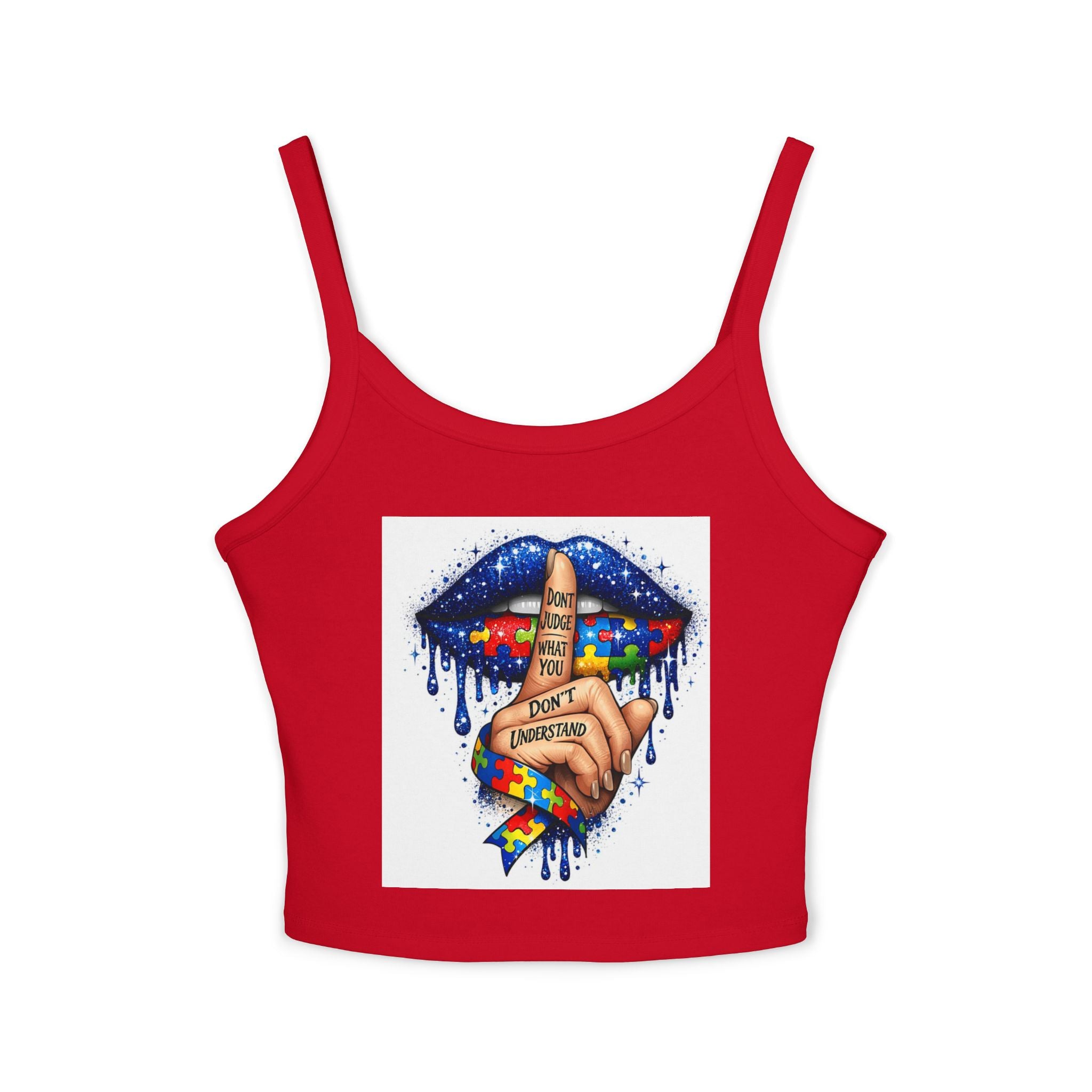 Crop Tank Top — Shushing Rainbow Lips with "I Don’t Understand" Finger Tattoo