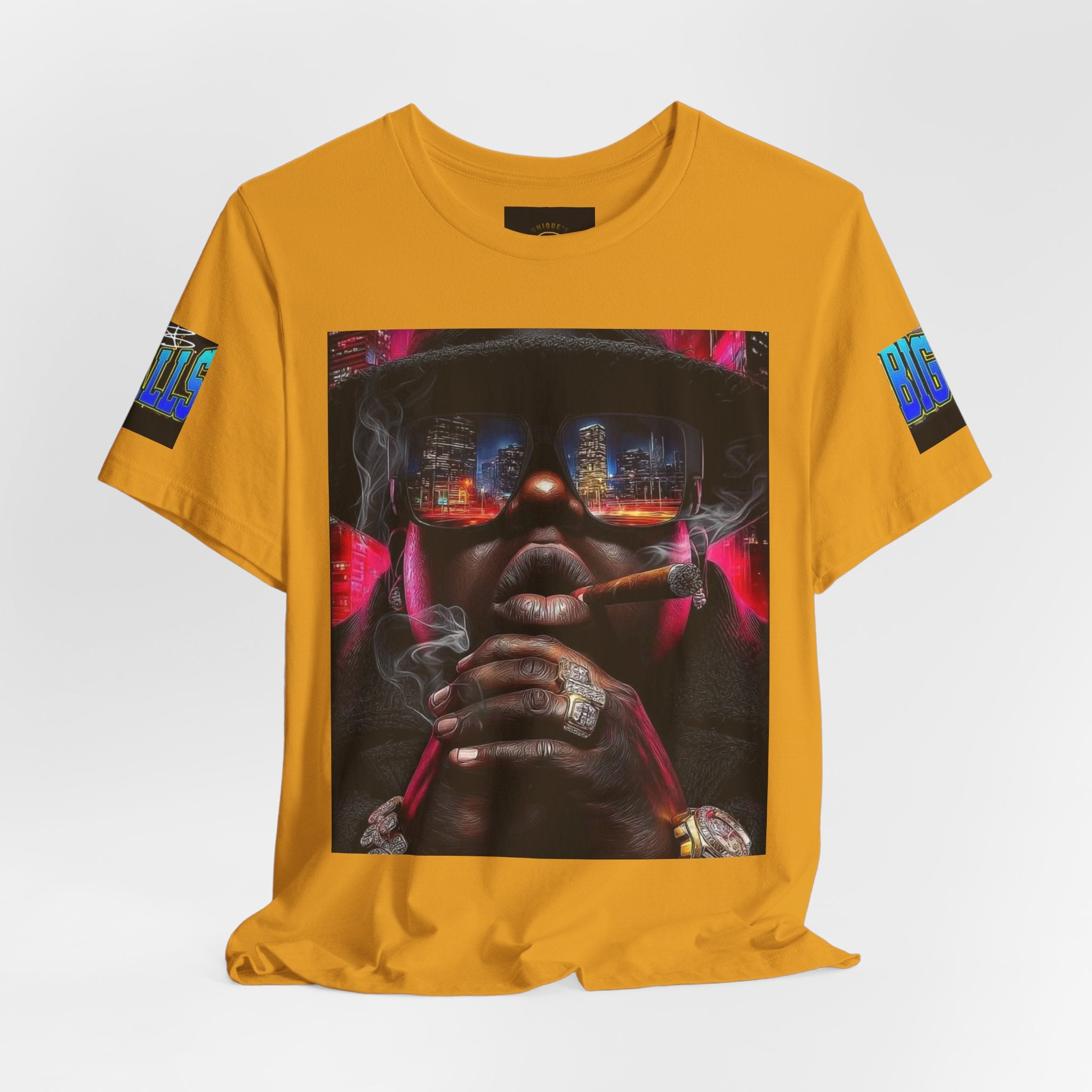 Urban Nightlife Portrait Tee — Smoky City Reflection Graphic T-Shirt