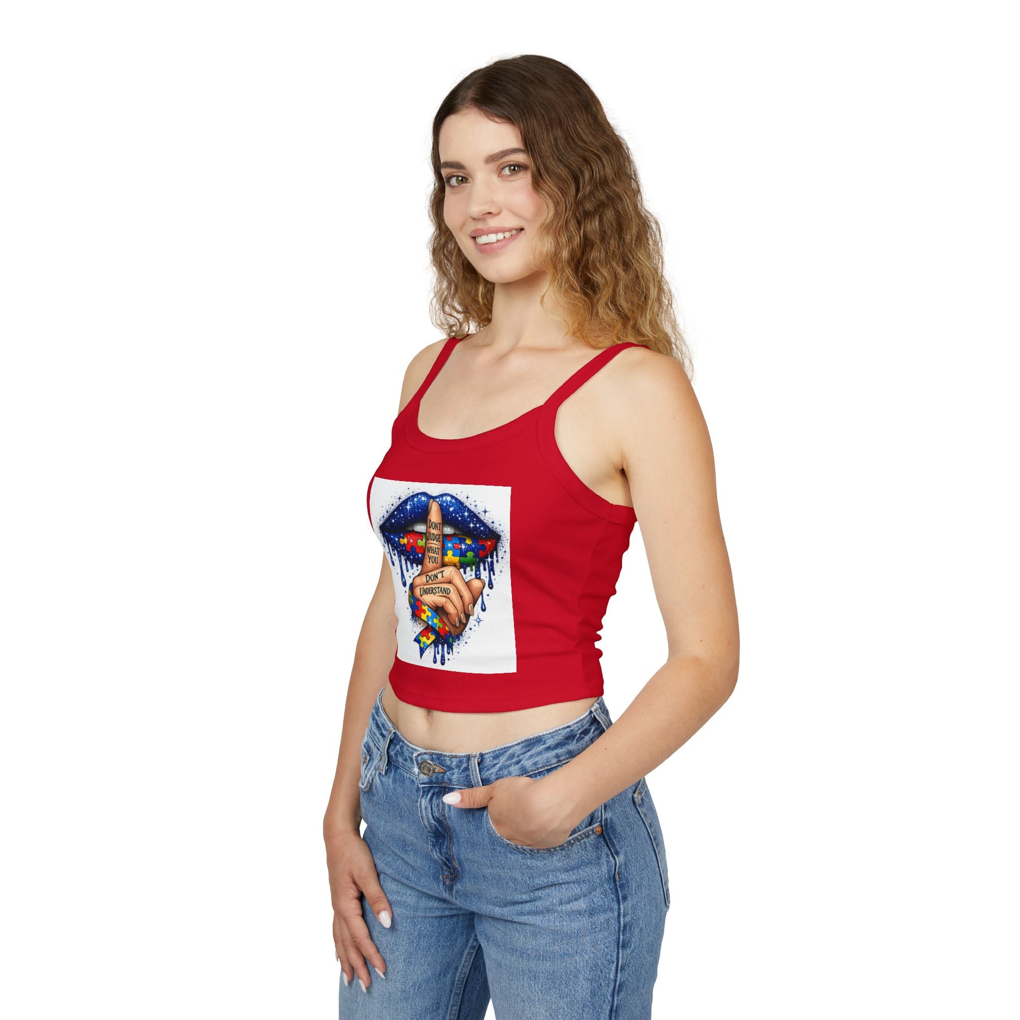 Crop Tank Top — Shushing Rainbow Lips with "I Don’t Understand" Finger Tattoo