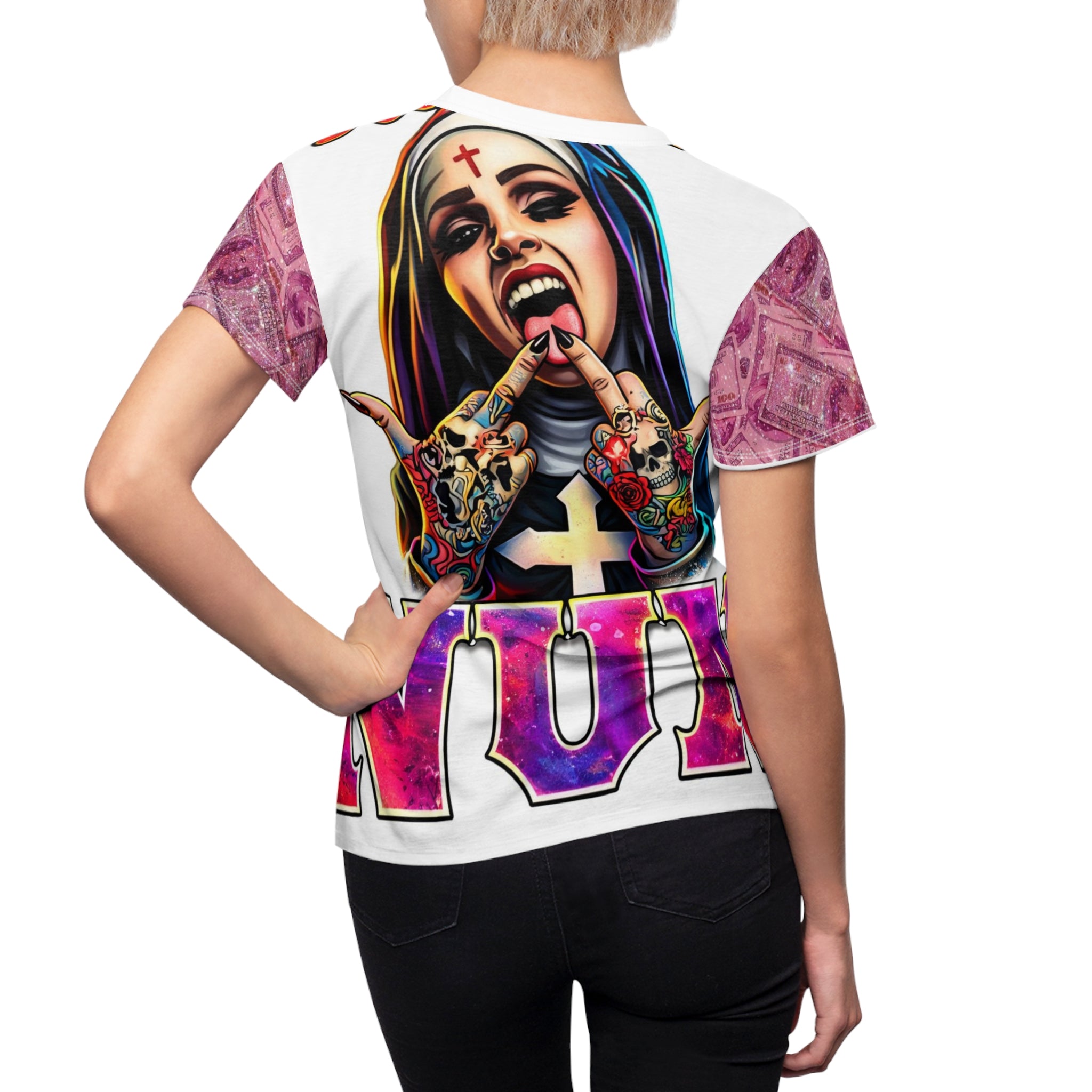 Women's Cut & Sew Tee — Pink Cherub 'Be Careful of What You Say For' Graphic