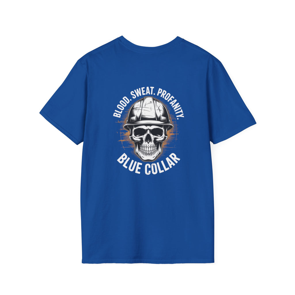 Blue Collar T-Shirt — "Blood, Sweat, Profanity" Skull Workwear Tee
