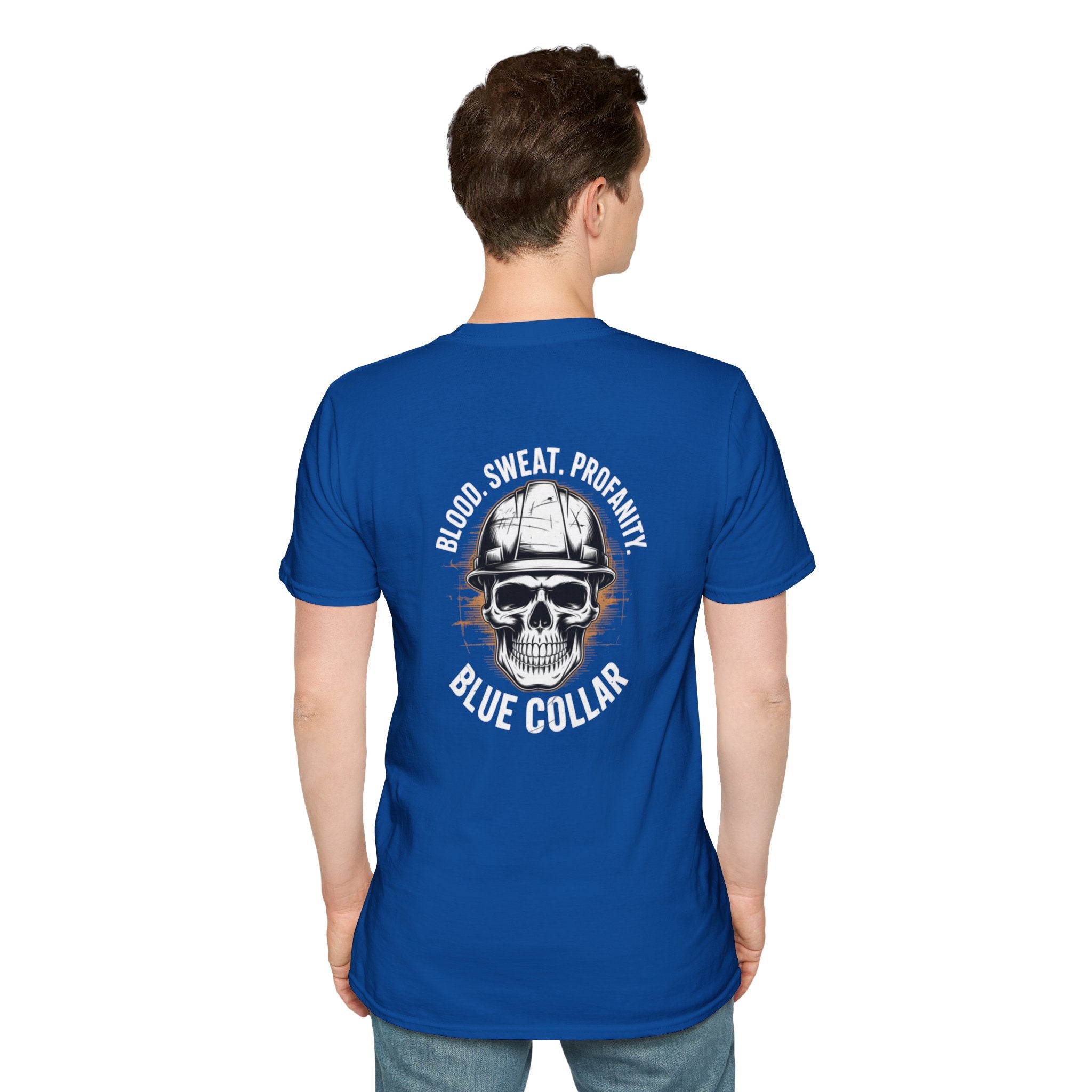Blue Collar T-Shirt — "Blood, Sweat, Profanity" Skull Workwear Tee