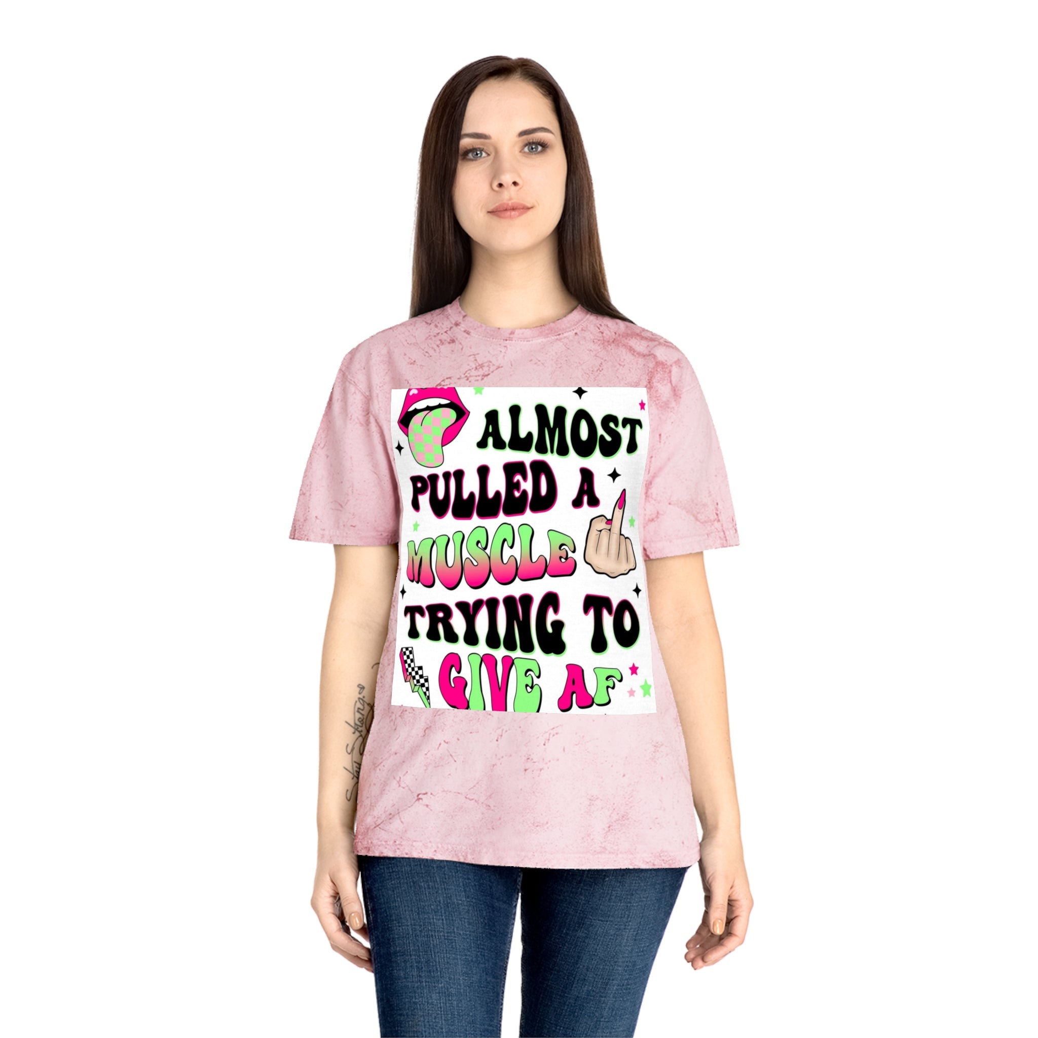 Graphic Tee — "Almost Pulled a Muscle Trying to Give AF" Color Blast T-Shirt