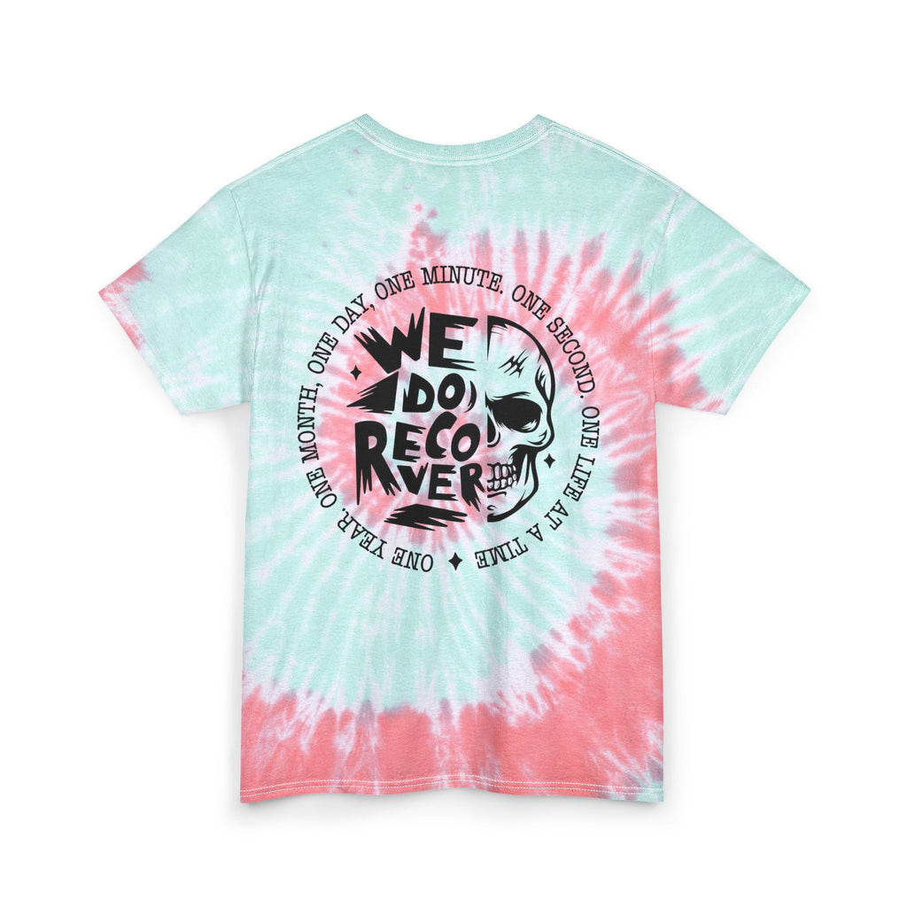 Tie Dye Tee — Blue Spiral Skull "We Do Recover" Back Graphic