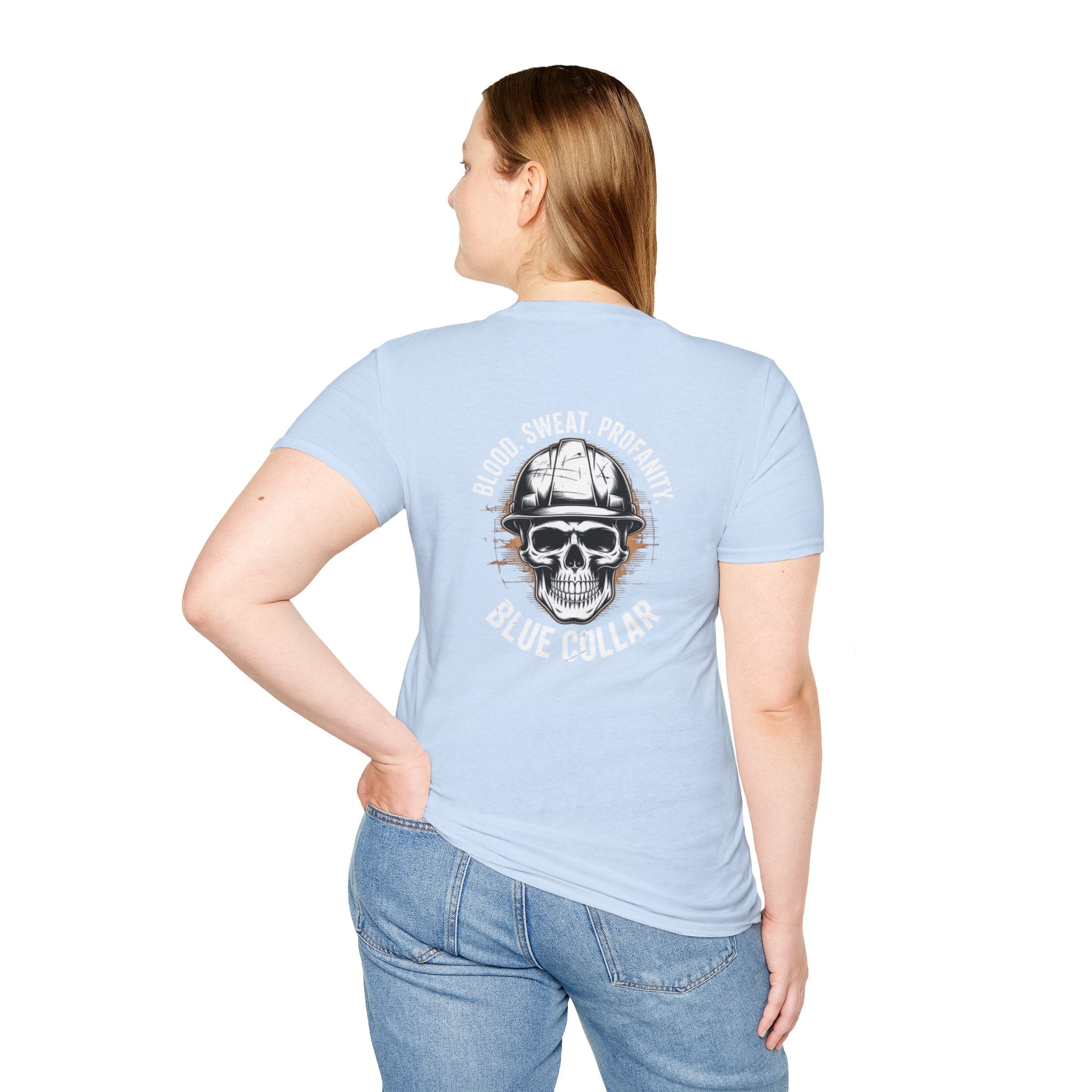 Blue Collar T-Shirt — "Blood, Sweat, Profanity" Skull Workwear Tee