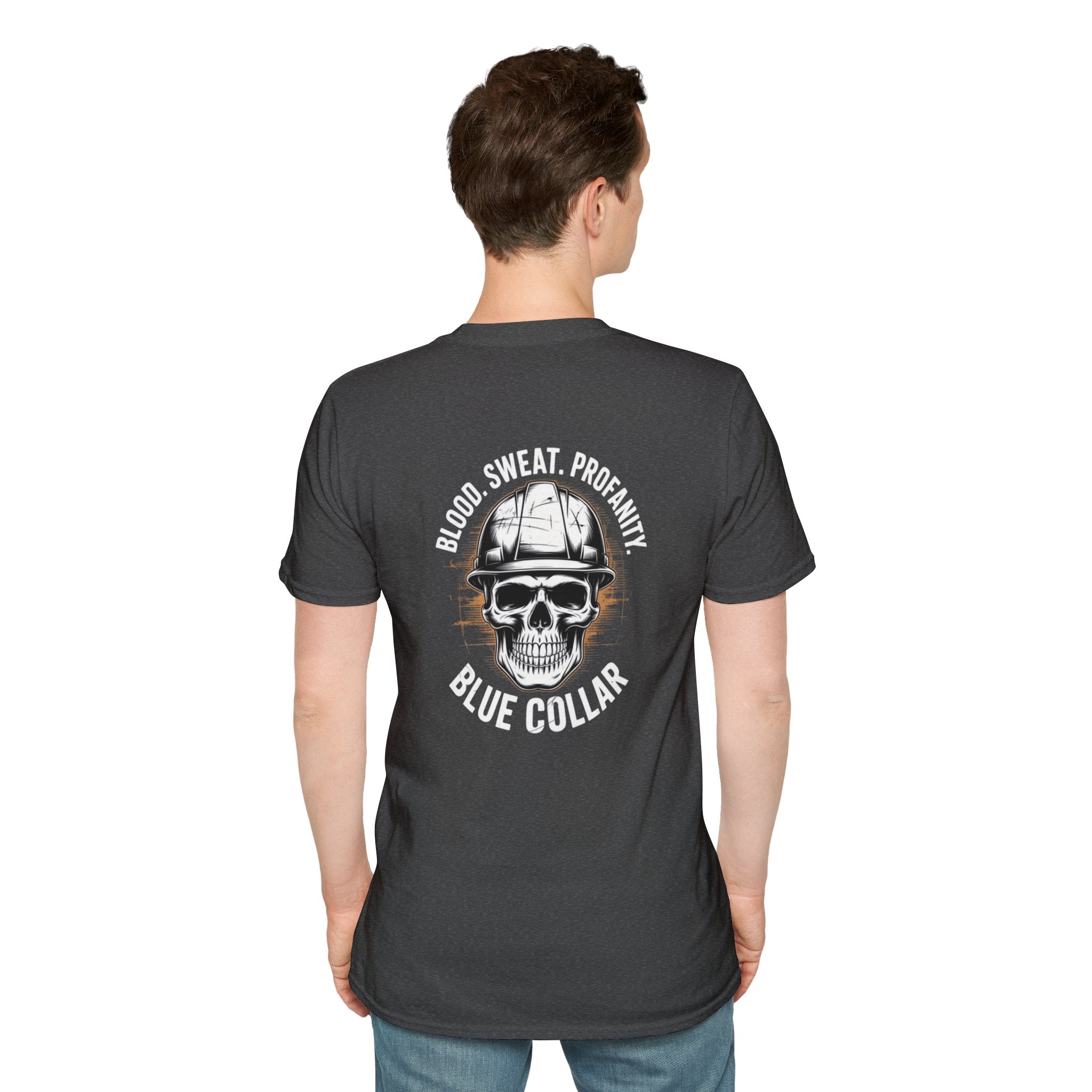Blue Collar T-Shirt — "Blood, Sweat, Profanity" Skull Workwear Tee