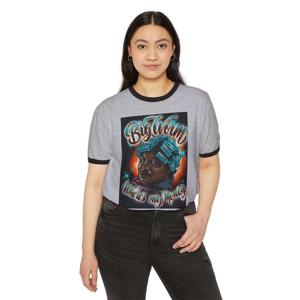 Retro Hip-Hop Portrait T-Shirt — "Big Worm Takes My Money" Graphic Ringer Tee