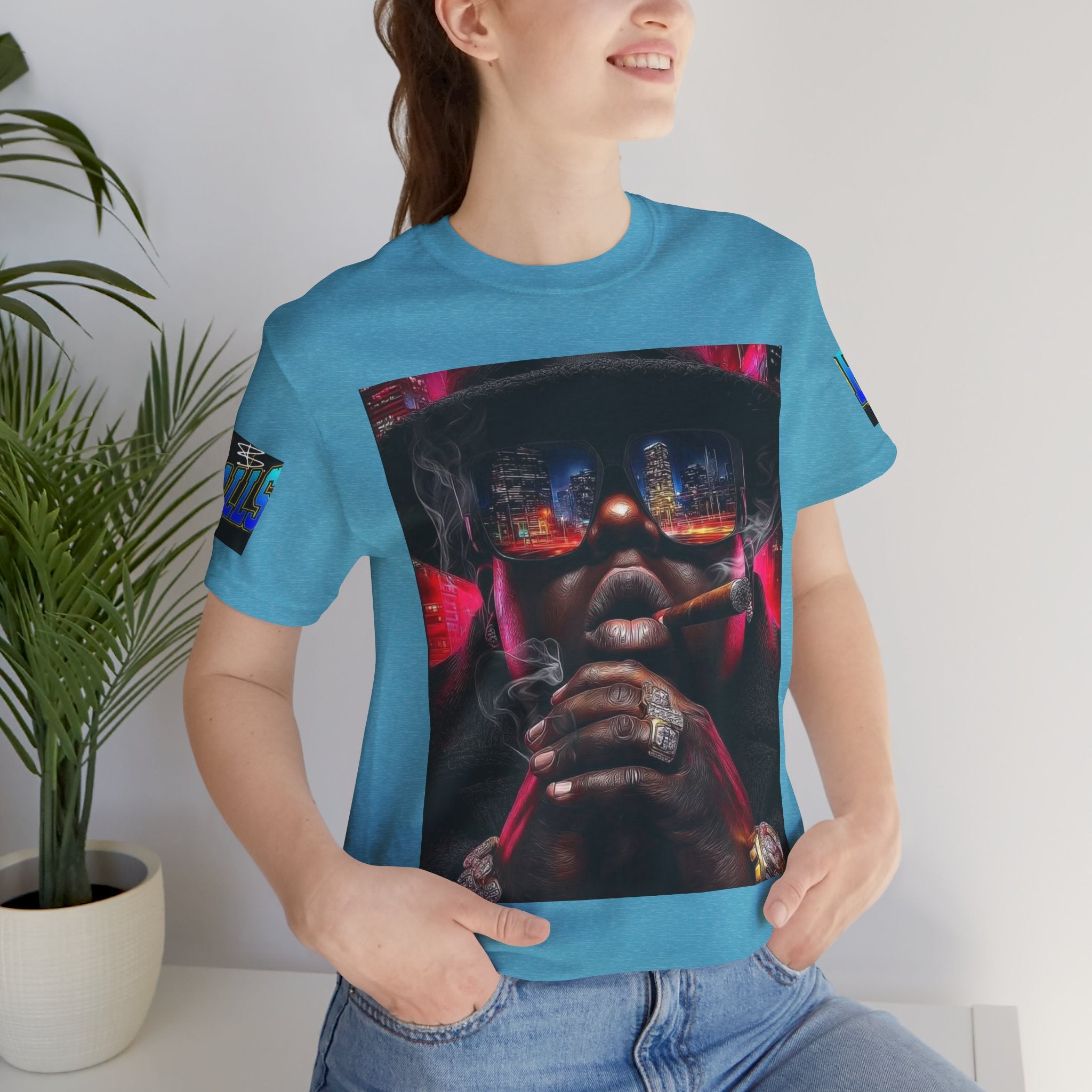 Urban Nightlife Portrait Tee — Smoky City Reflection Graphic T-Shirt
