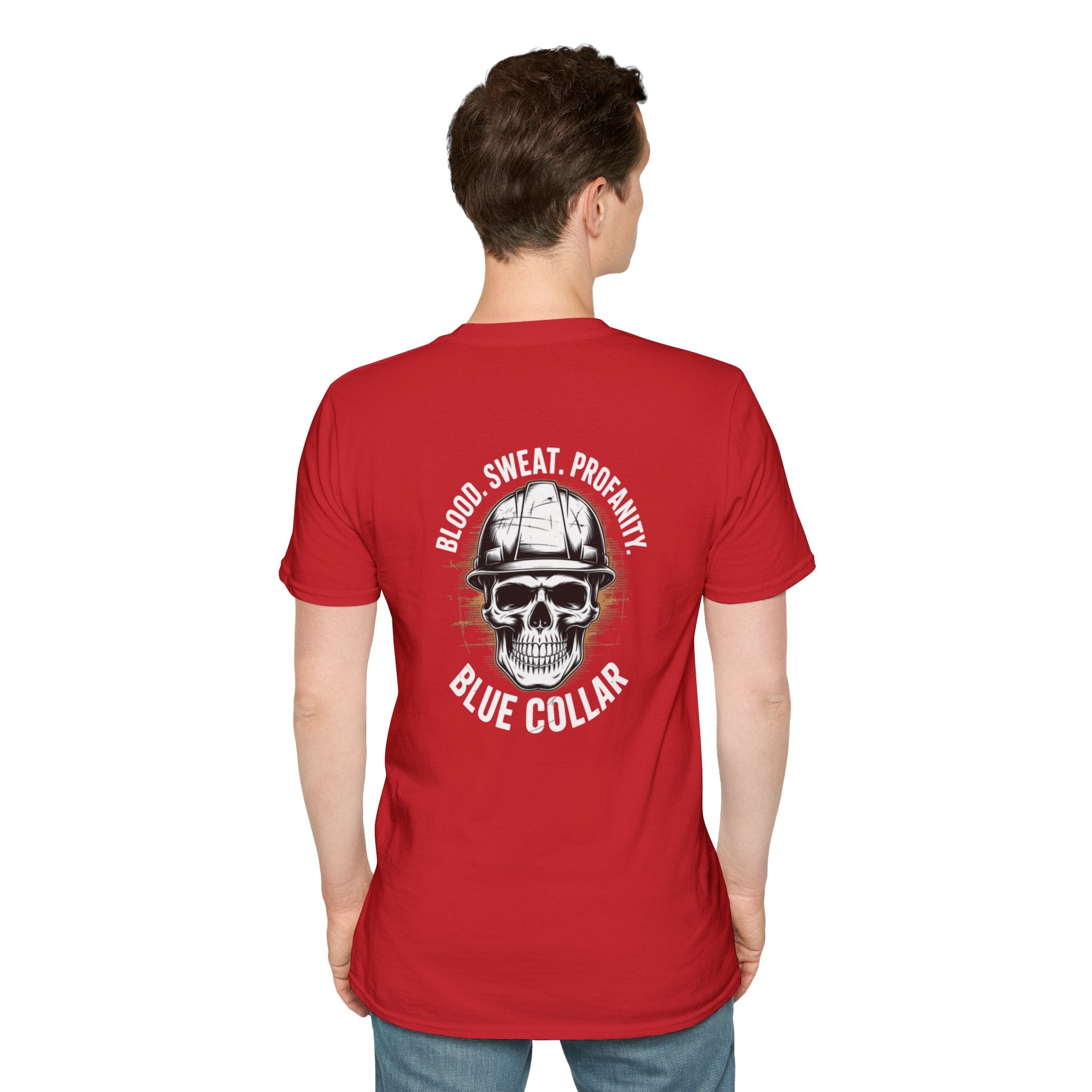 Blue Collar T-Shirt — "Blood, Sweat, Profanity" Skull Workwear Tee