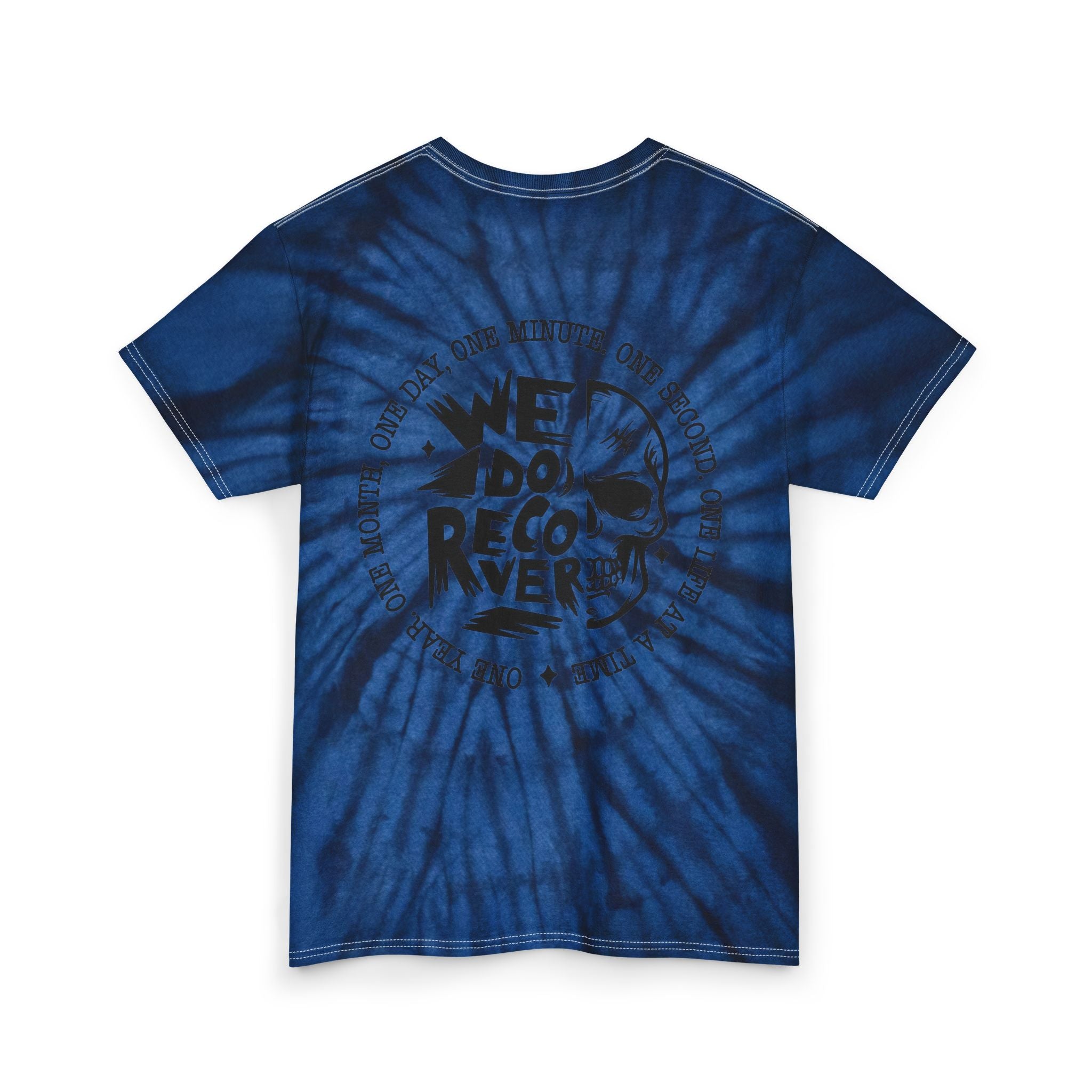 Tie Dye Tee — Blue Spiral Skull "We Do Recover" Back Graphic