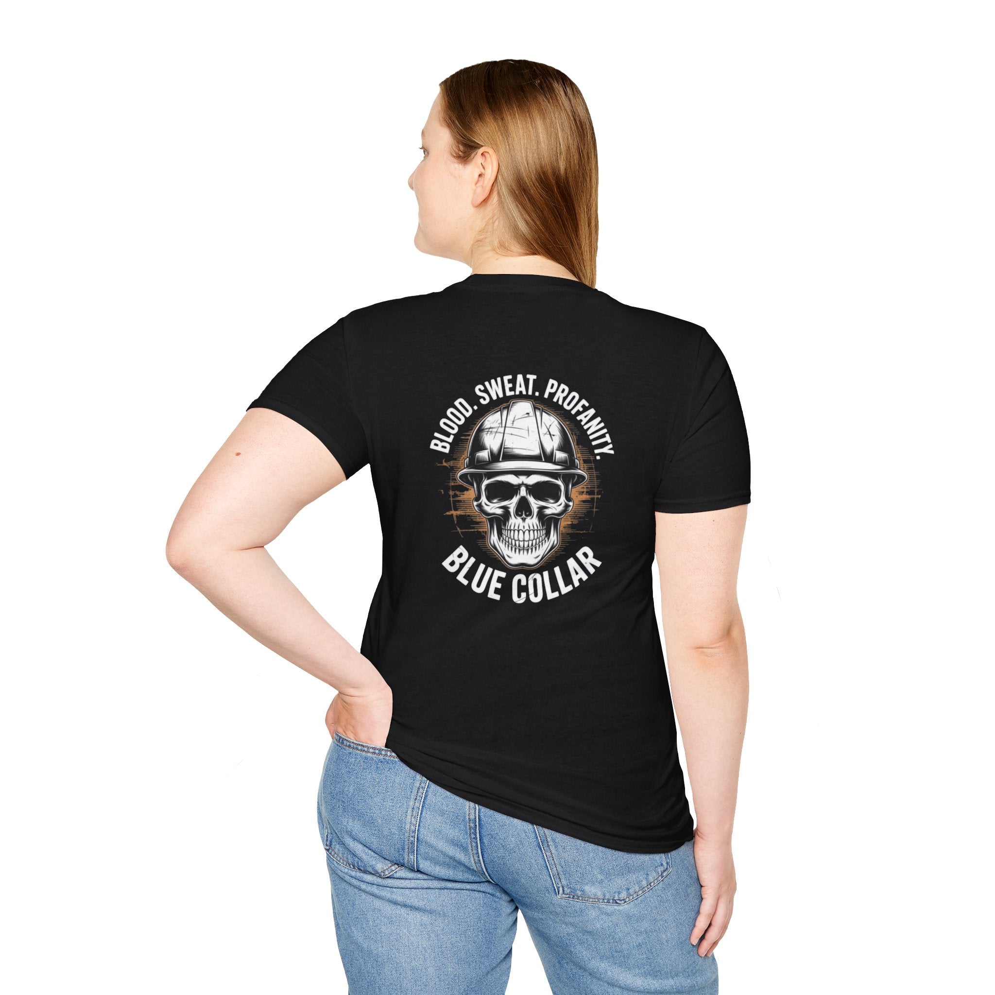Blue Collar T-Shirt — "Blood, Sweat, Profanity" Skull Workwear Tee