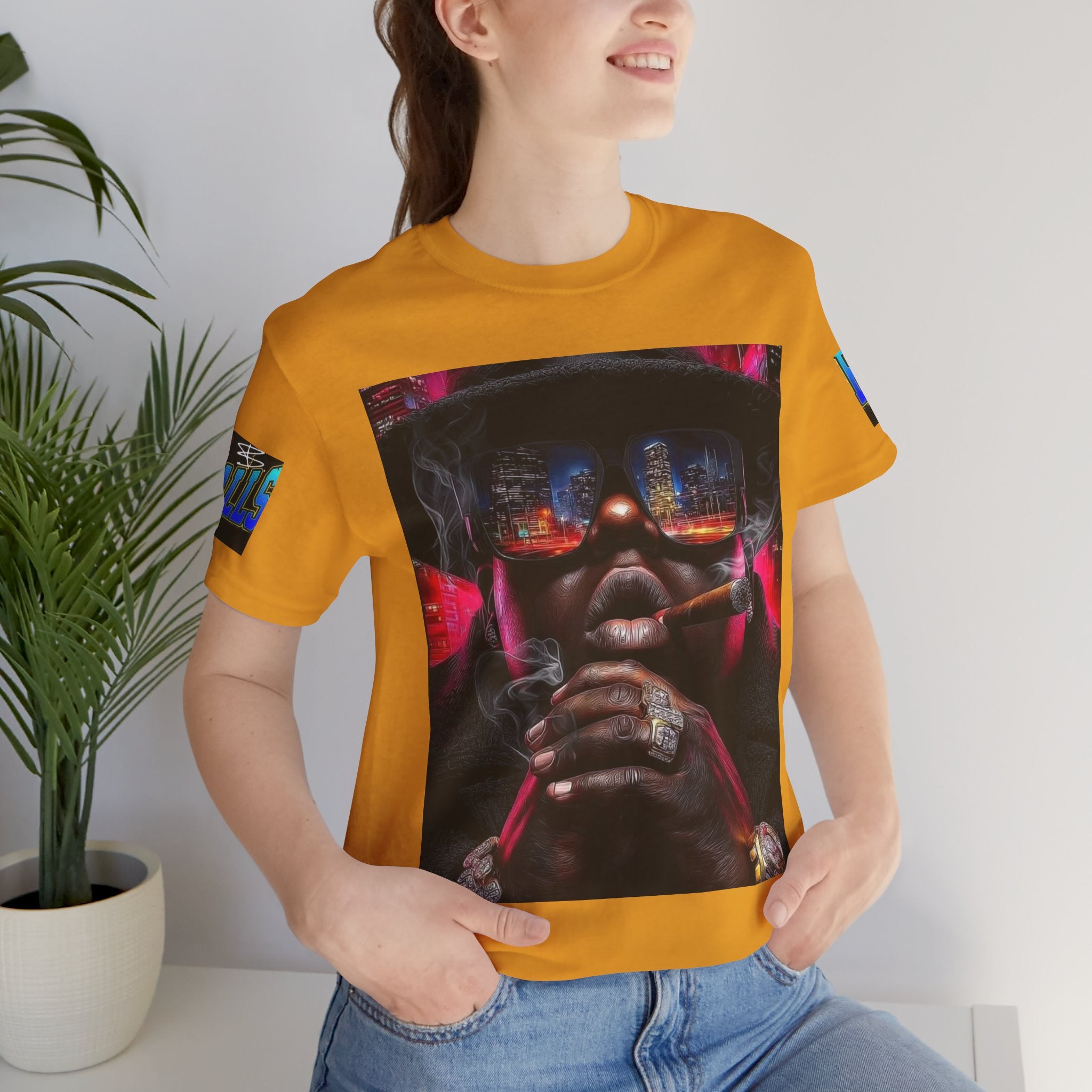 Urban Nightlife Portrait Tee — Smoky City Reflection Graphic T-Shirt