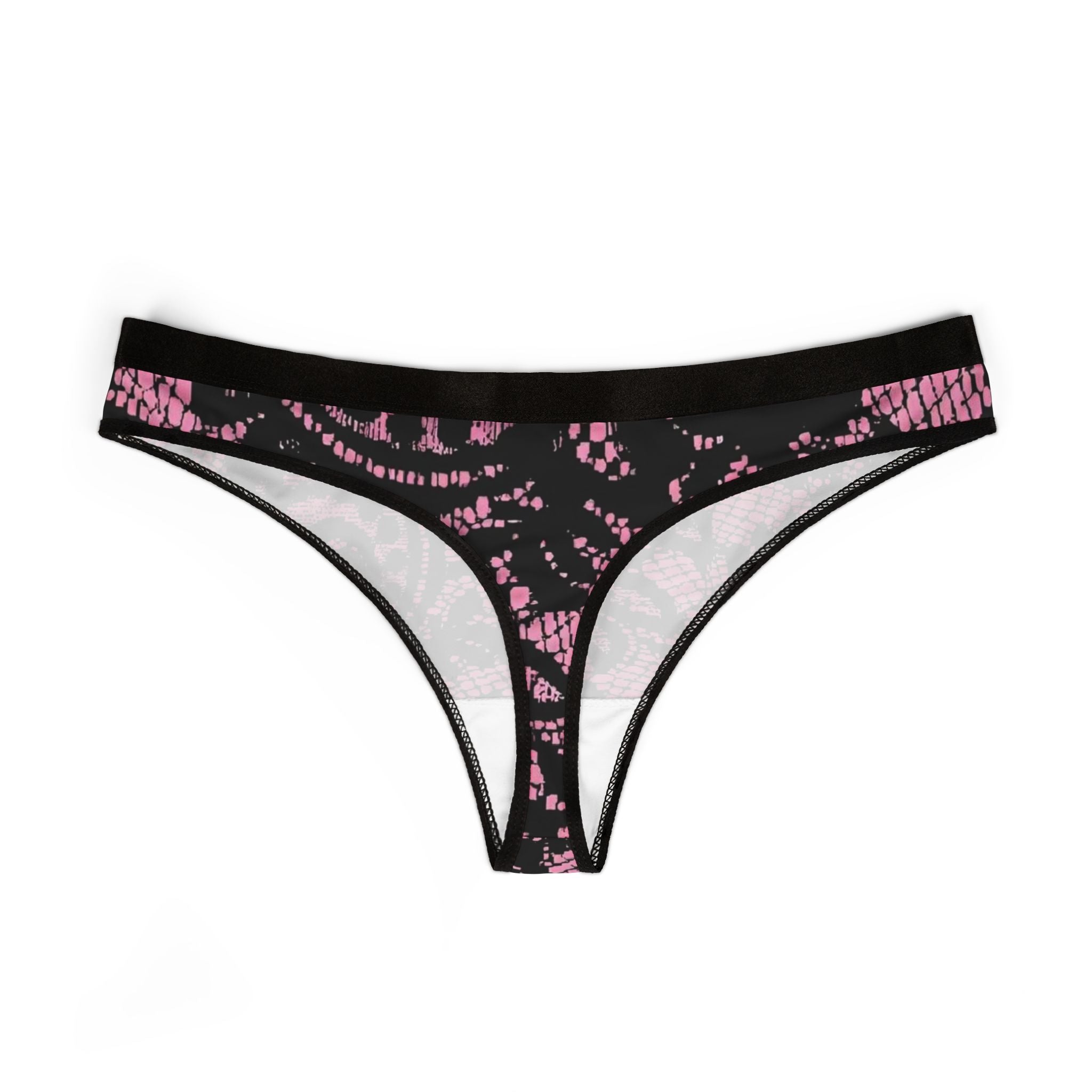 Floral Lace Print Women's Thong — Pink & Black All-Over-Print Intimates