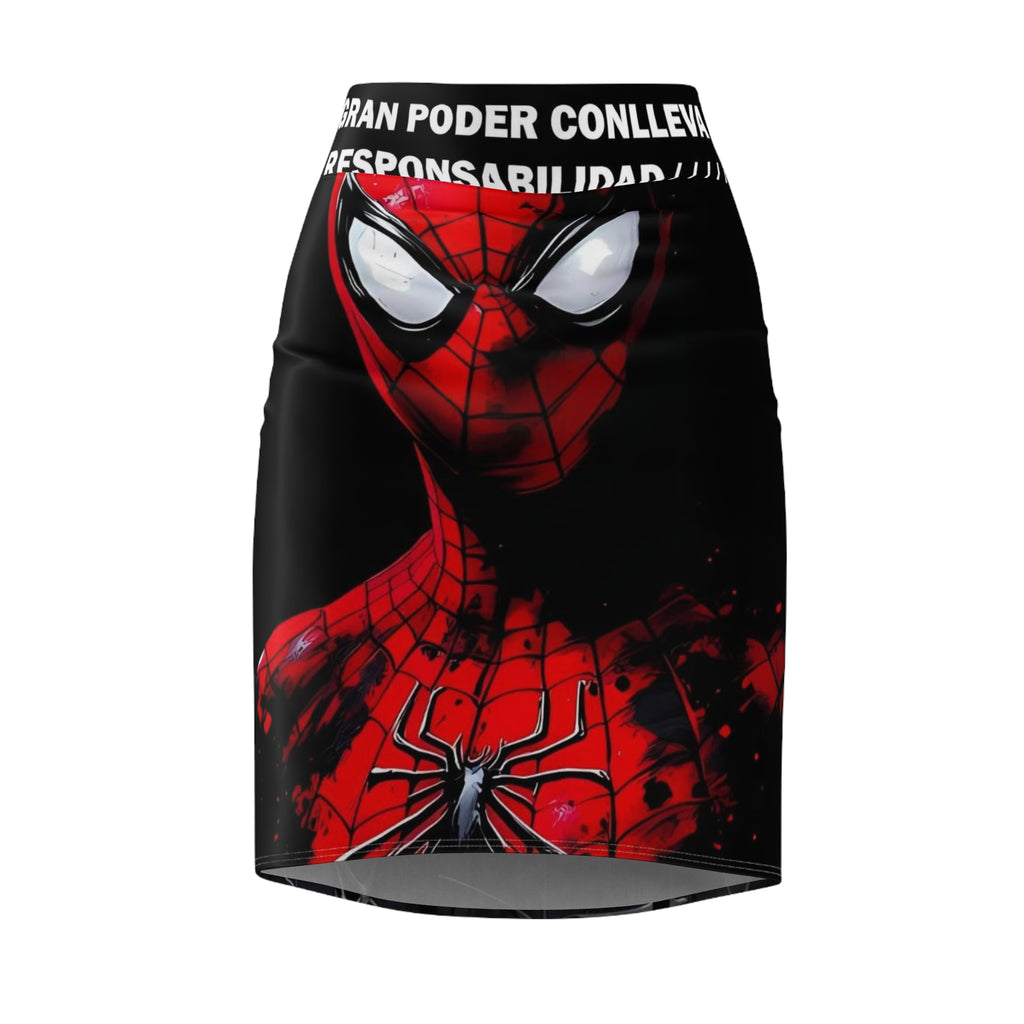 Spider-Man Inspired Women's Pencil Skirt — Red & Black Comic Web Design ("Gran poder...")
