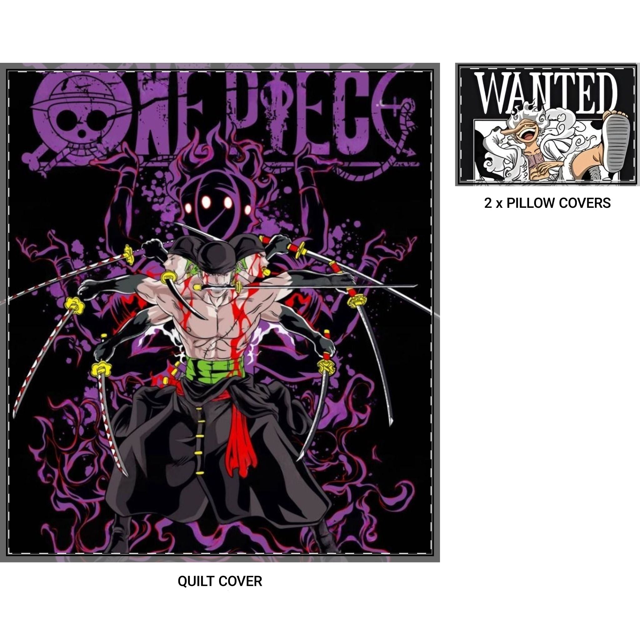 One Piece Zoro Anime Quilt Cover Set – 3-Piece Bedding with Wanted Pillow Covers