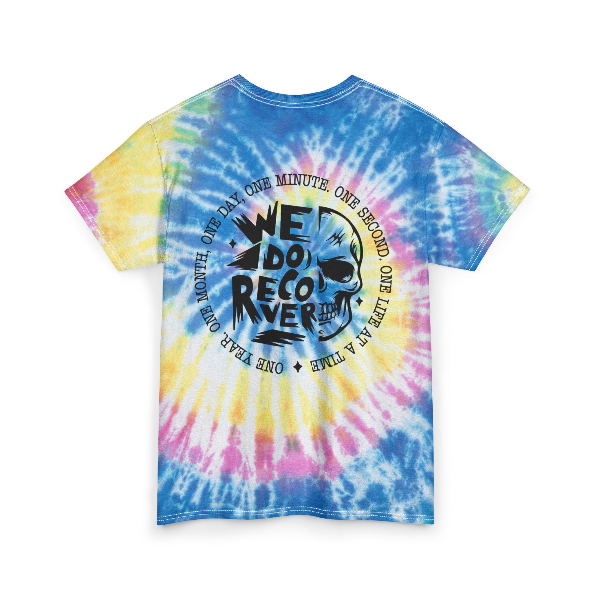 Tie Dye Tee — Blue Spiral Skull "We Do Recover" Back Graphic