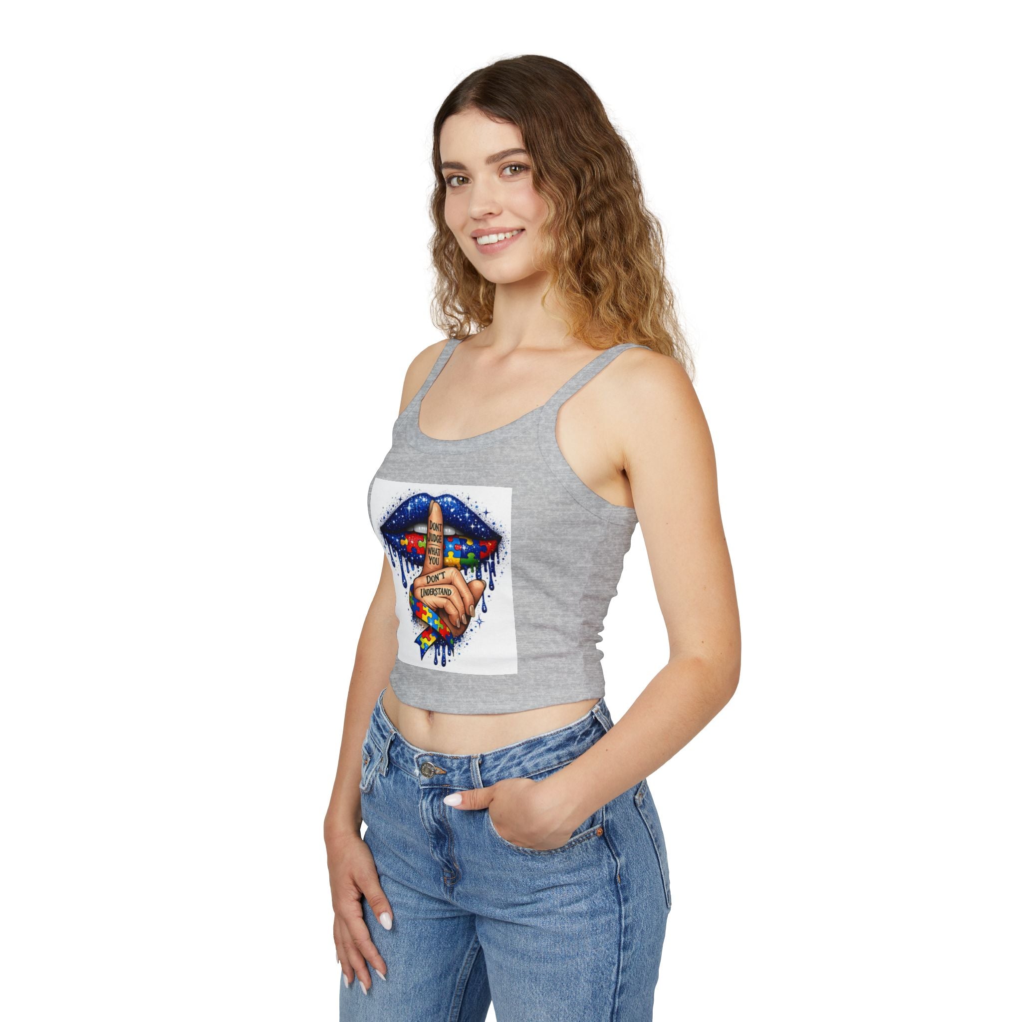 Crop Tank Top — Shushing Rainbow Lips with "I Don’t Understand" Finger Tattoo