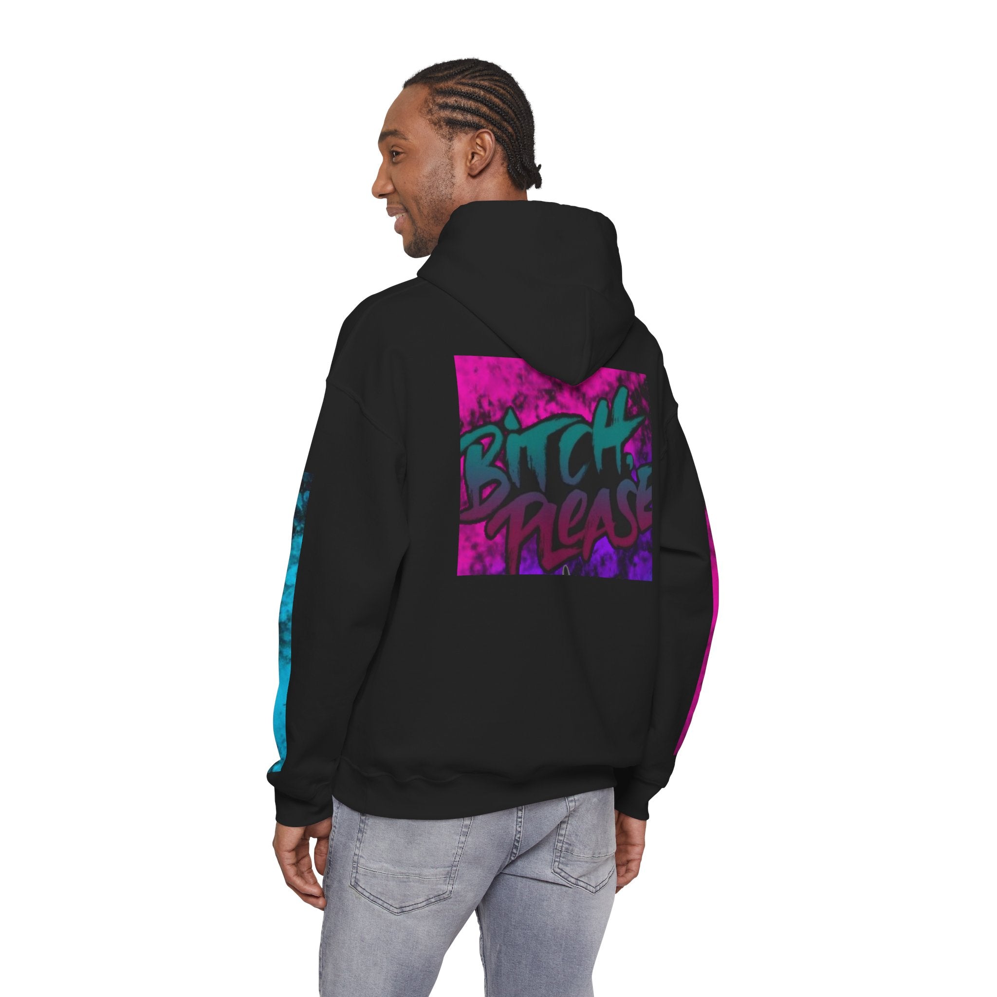 Female Owned Business Hoodie — Bold 'Bitch Please' Graffiti Back & Color-Block Sleeve Streetwear