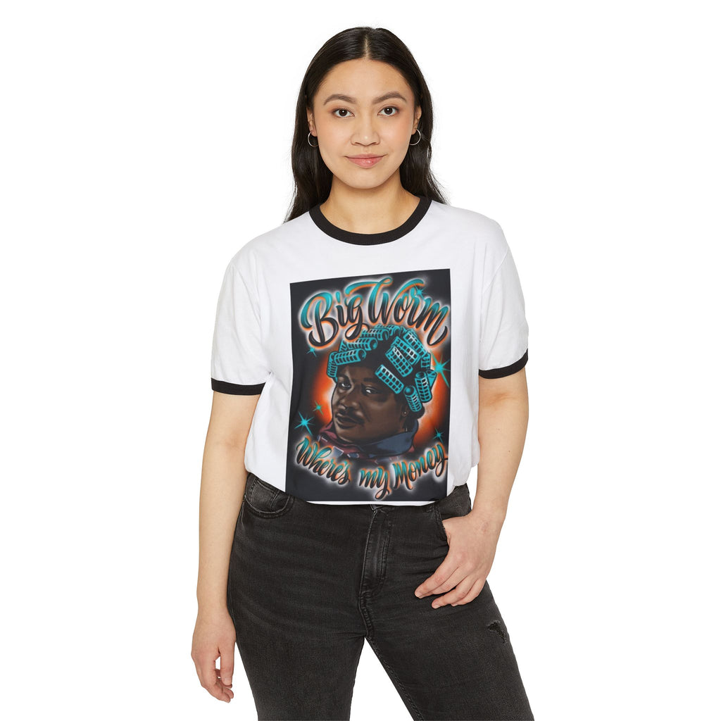 Retro Hip-Hop Portrait T-Shirt — "Big Worm Takes My Money" Graphic Ringer Tee