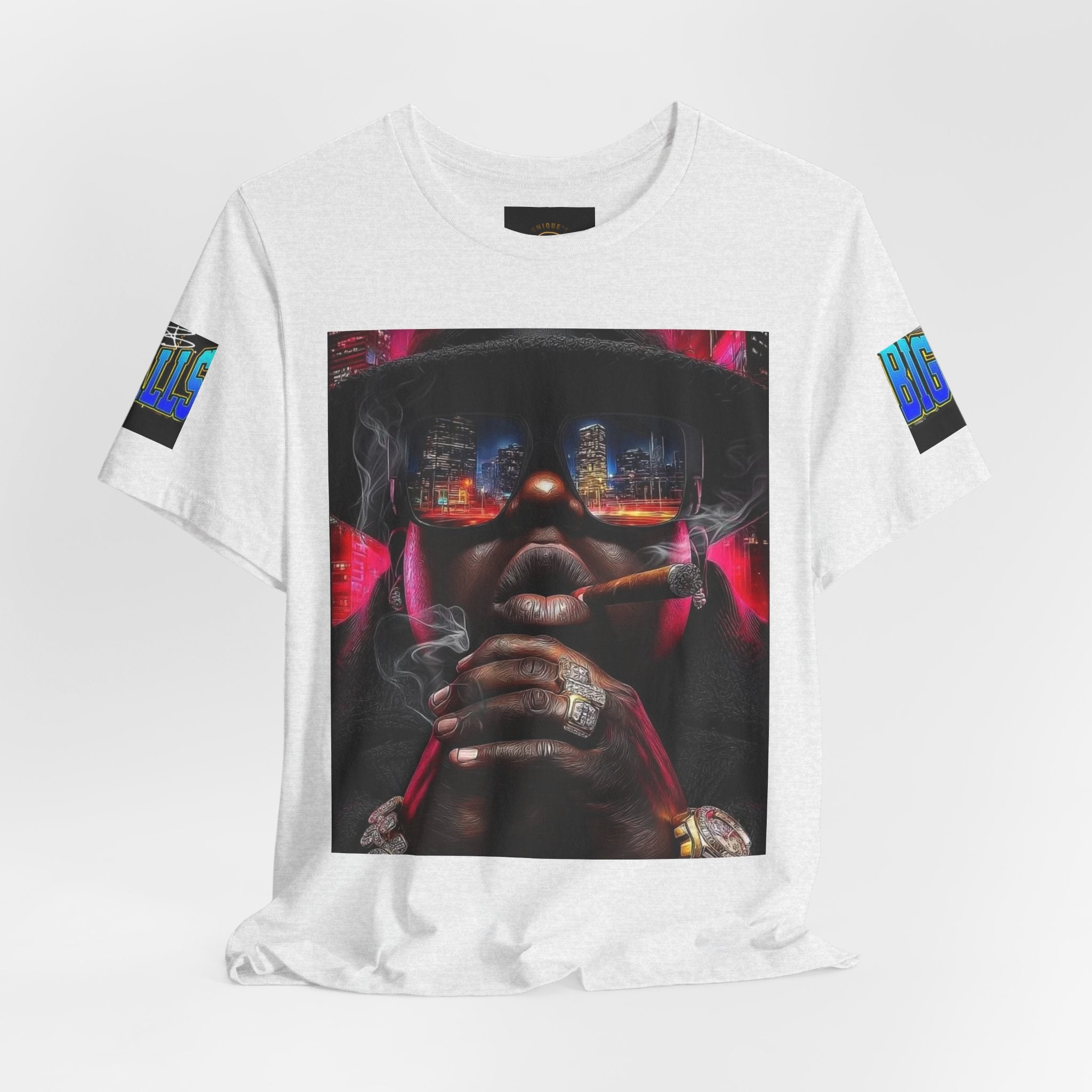 Urban Nightlife Portrait Tee — Smoky City Reflection Graphic T-Shirt