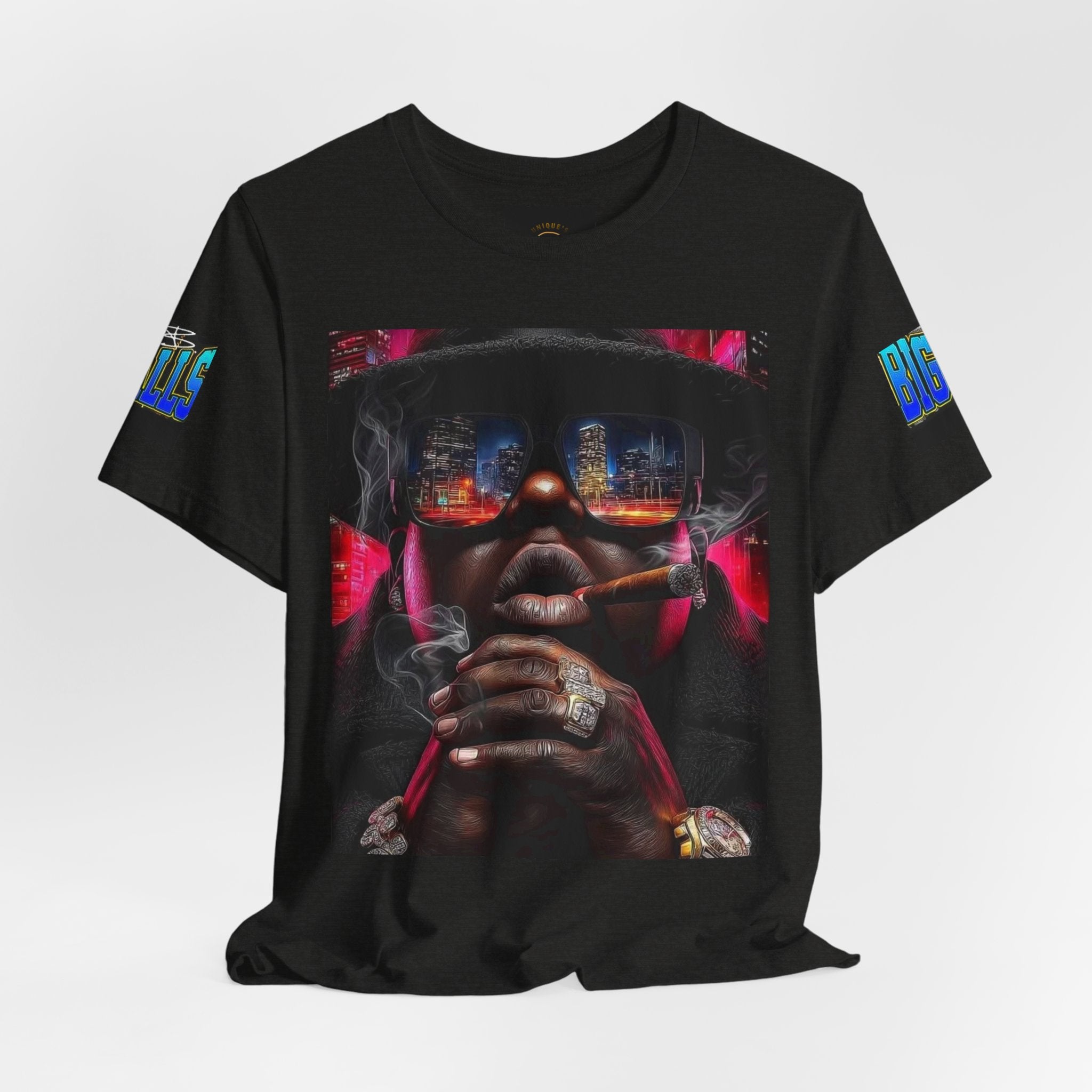 Urban Nightlife Portrait Tee — Smoky City Reflection Graphic T-Shirt