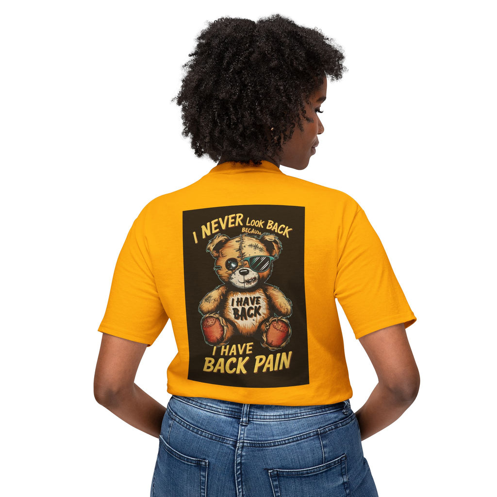 T-Shirt — Vintage Injured Teddy Bear "I Never Look Back, I Have Back Pain" Graphic