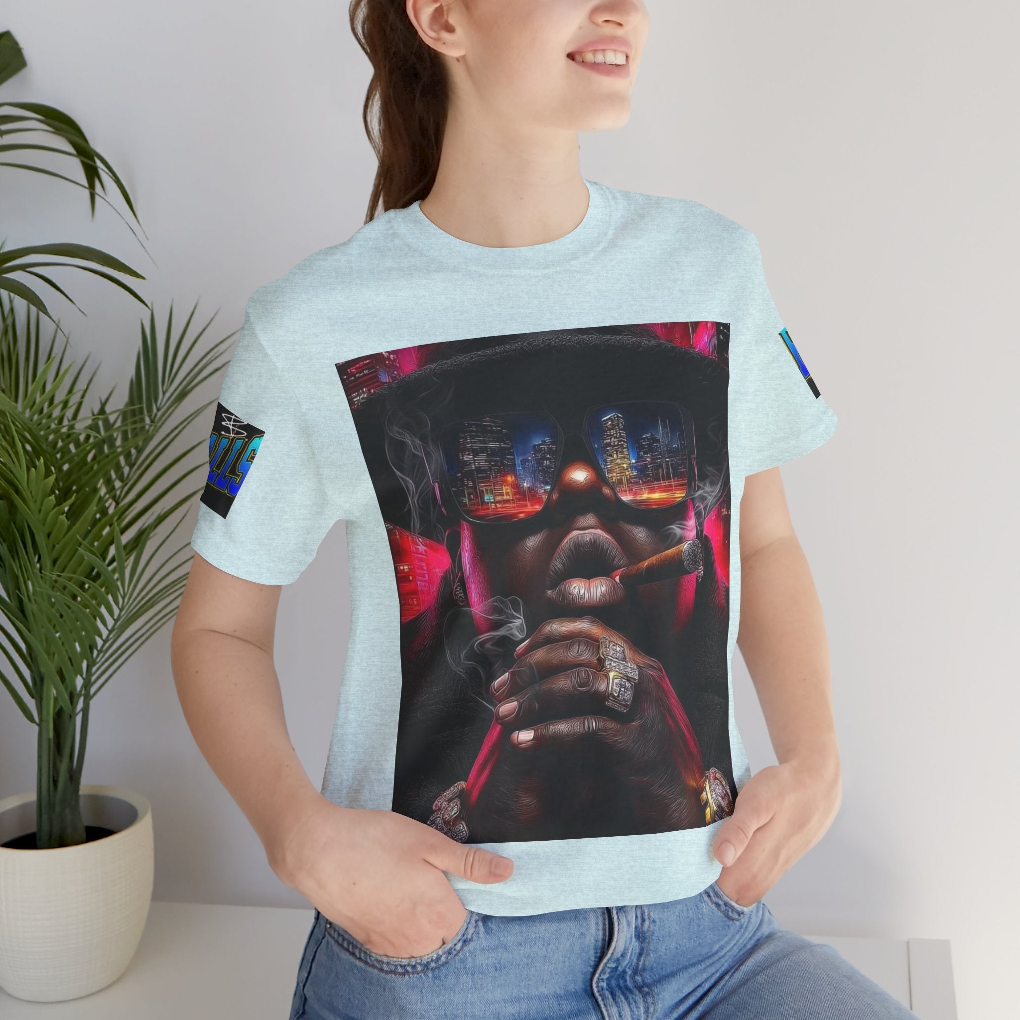 Urban Nightlife Portrait Tee — Smoky City Reflection Graphic T-Shirt